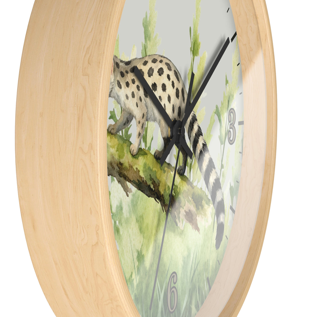 A round wall clock with a light natural wood frame and a printed watercolor design of a spotted big cat walking along a branch against a pale green background. The clock has black hands and gray numerals.