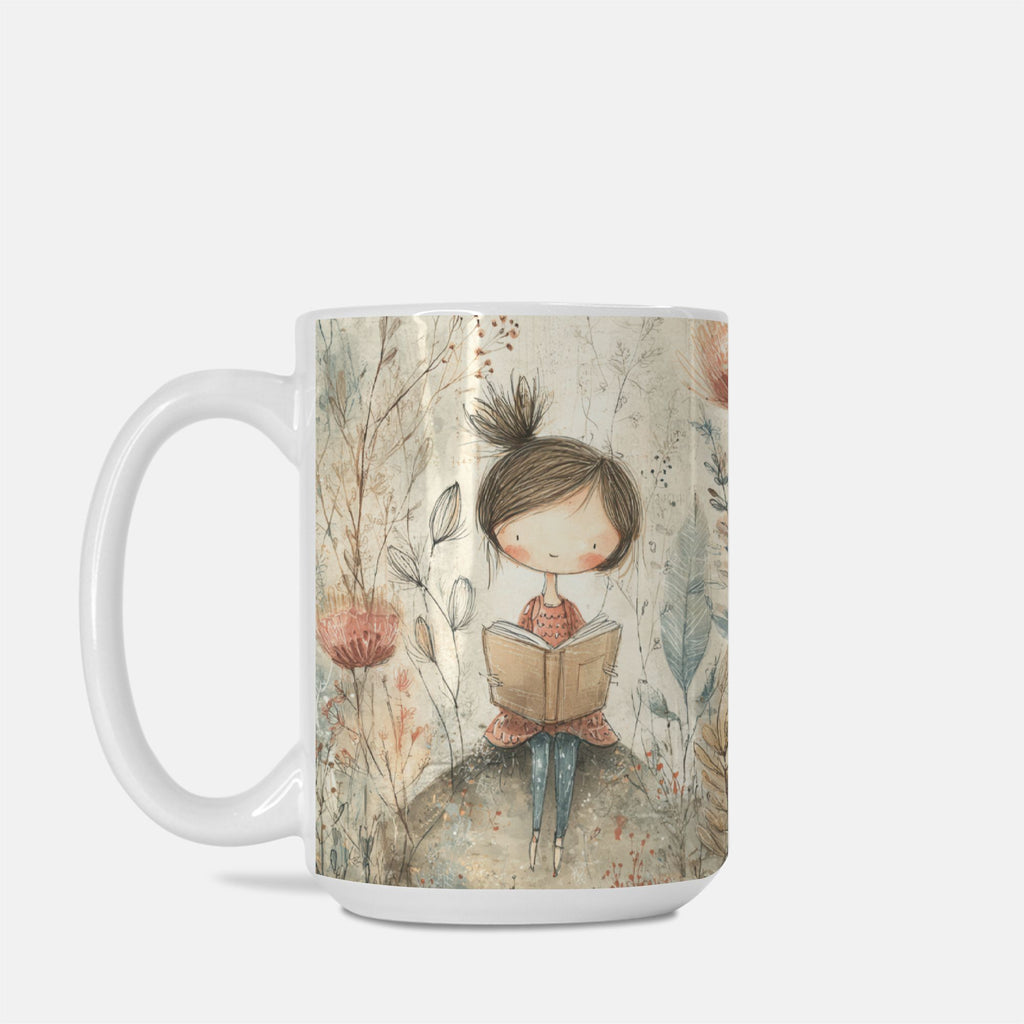 Mug with a design of a girl reading a book in a forest on a white background