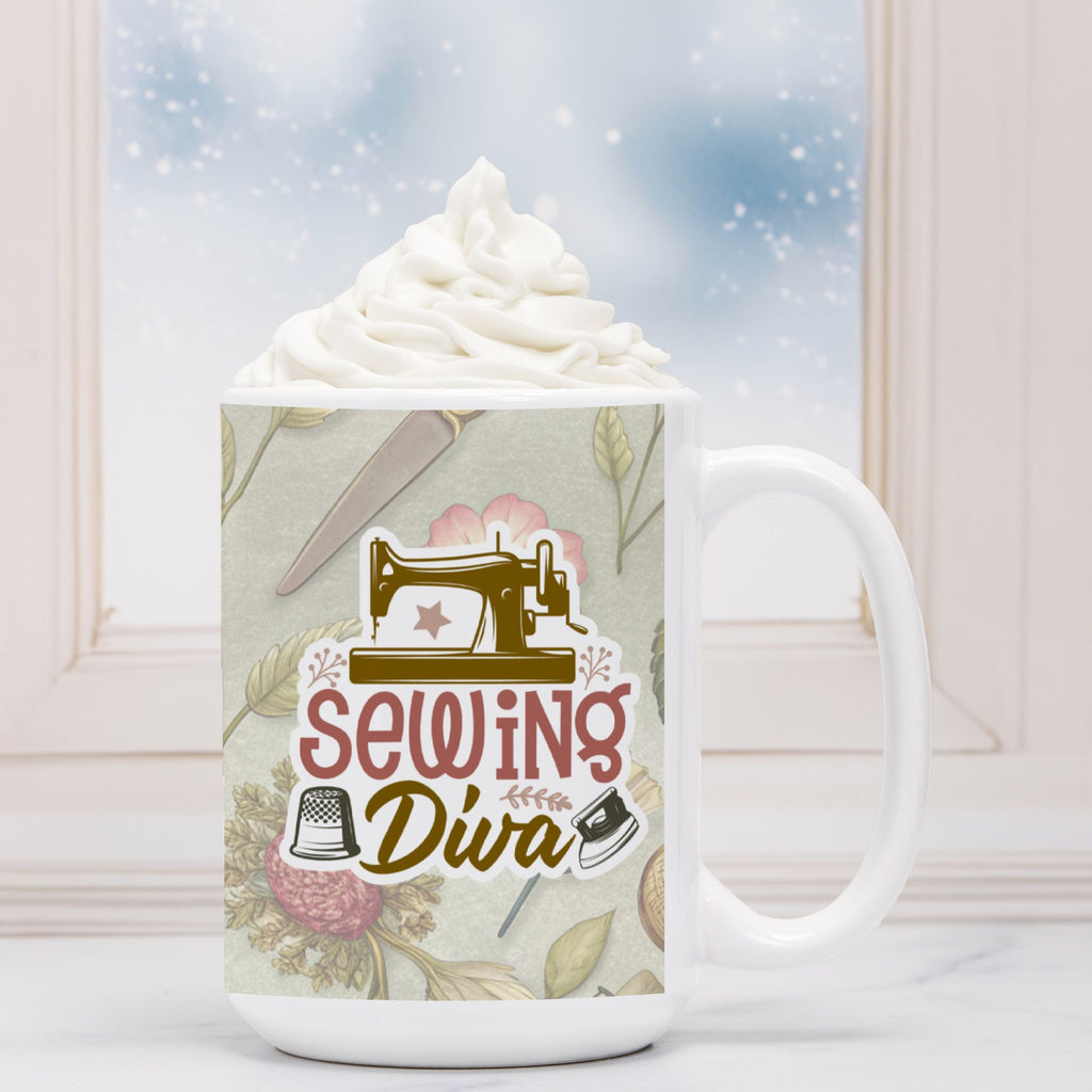 Mug with 'Sewing Diva' design featuring a sewing machine and thimble, filled with hot chocolate.