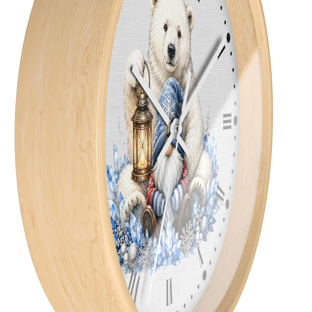 Polar Bear & Gnome Winter Wall Clock — Rustic Holiday Nursery Decor