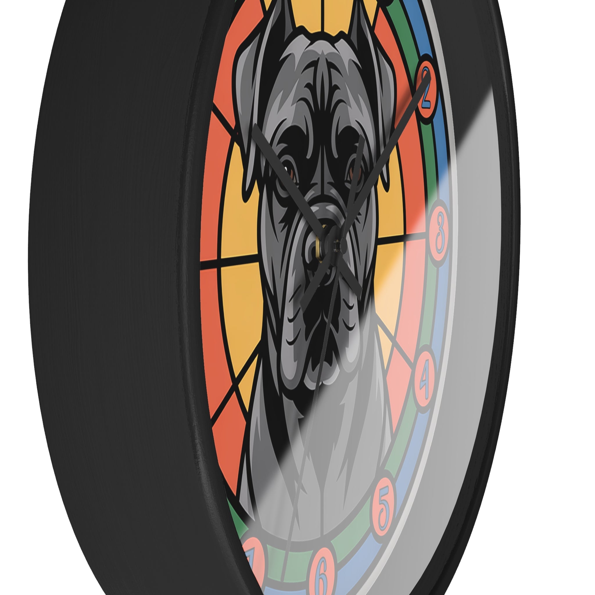 Wall clock with a dog illustration in a colorful, stained-glass style