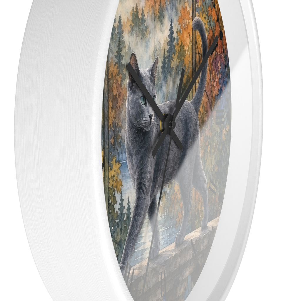 Majestic Gray Cat in Autumn Forest Wall Clock