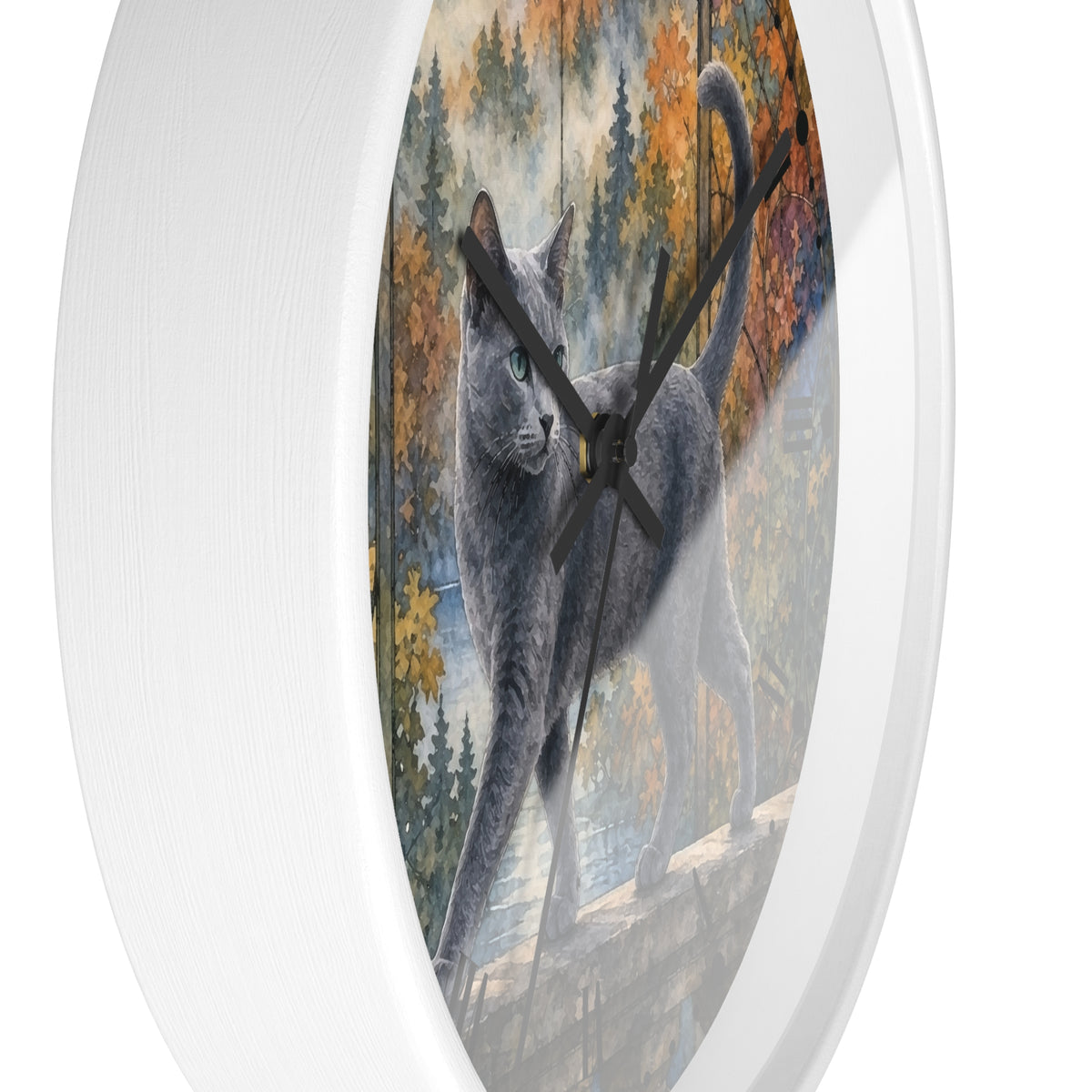 Majestic Gray Cat in Autumn Forest Wall Clock