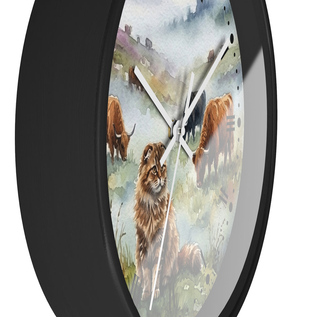 Highland Cattle and Scottish Fold Cat Watercolor Wood Wall Clock