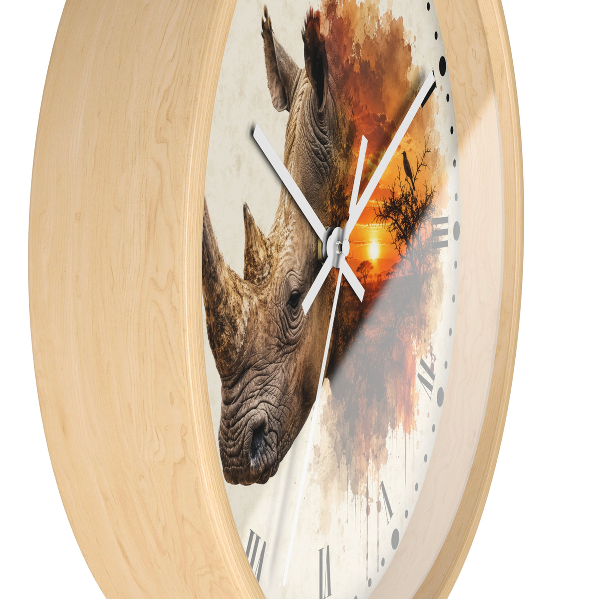 A round wall clock with a light natural wood frame and a printed dial featuring a close-up rhinoceros head over an orange sunset scene, shown on a white background.