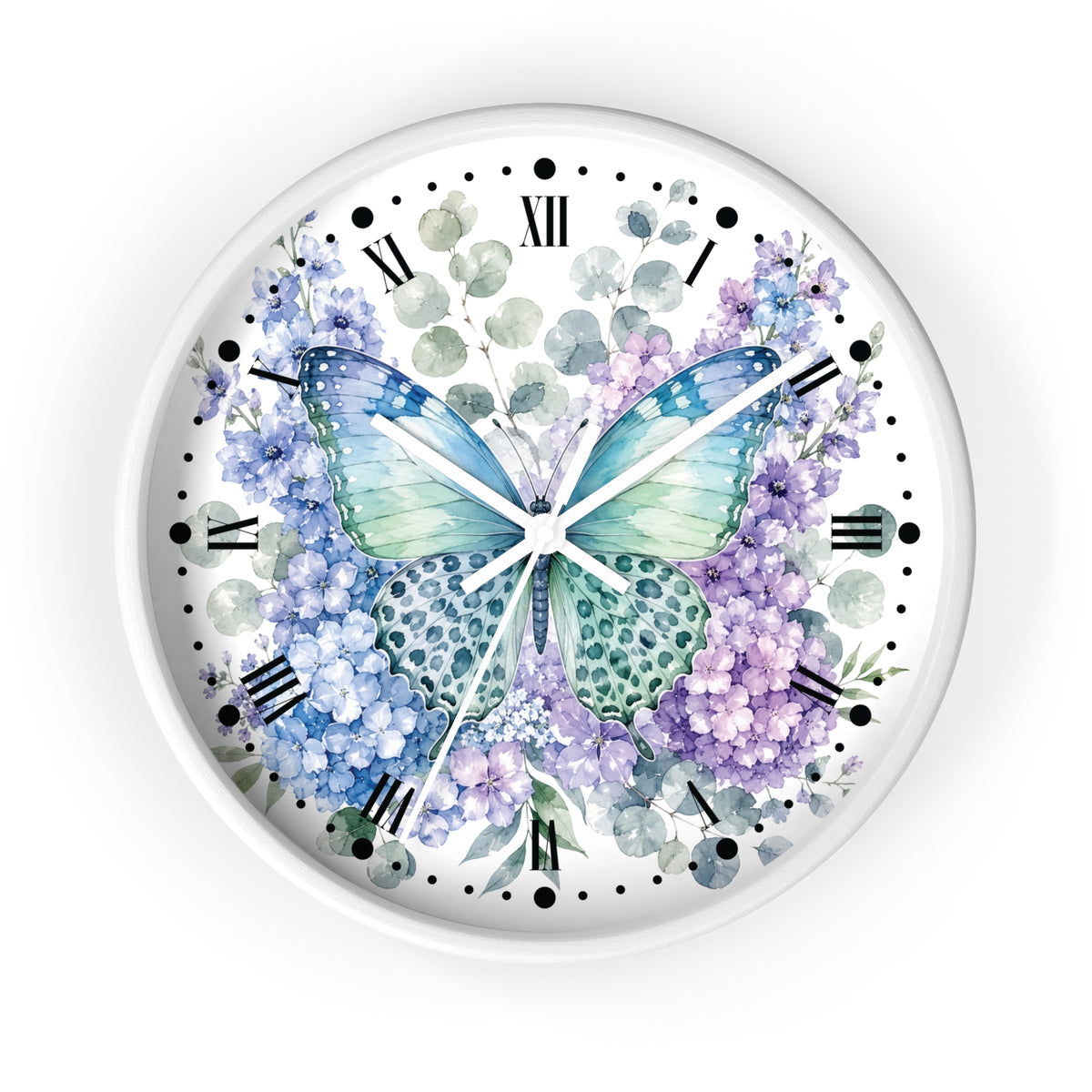 A round wall clock with a white frame and a watercolor-style butterfly and floral design on the face. The design features a large blue-green and purple butterfly surrounded by lavender, purple, and blue hydrangea-like flowers, with black Roman numerals and black dot hour markers on a white background.