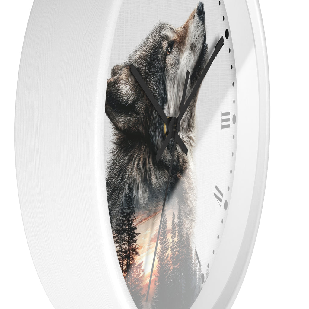 Wolf Sunset Wall Clock — Woodland Animal Art Decor