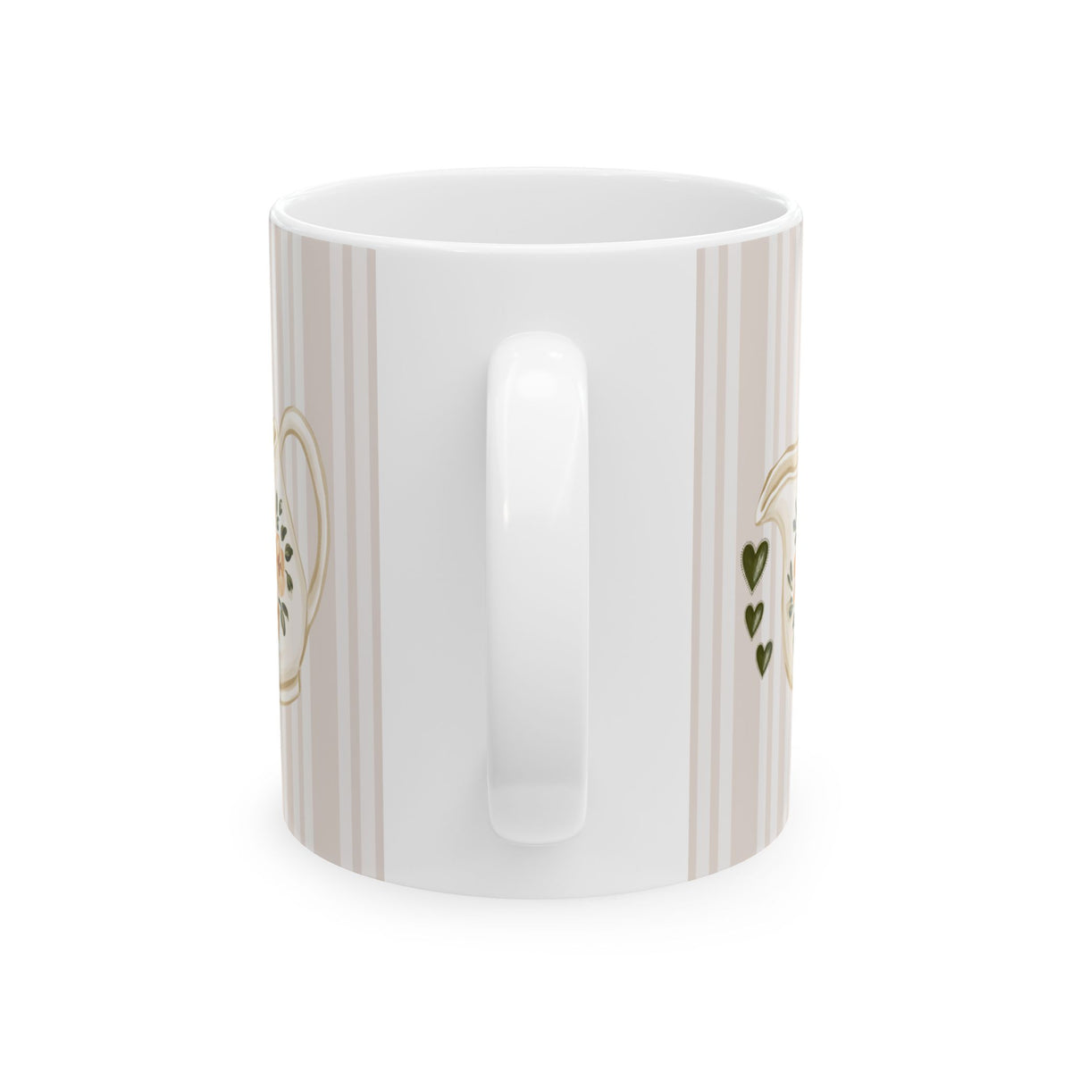 A white ceramic mug with a vertical striped pattern in beige and white, featuring gold and green decorative accents on the sides, shown against a plain white background.