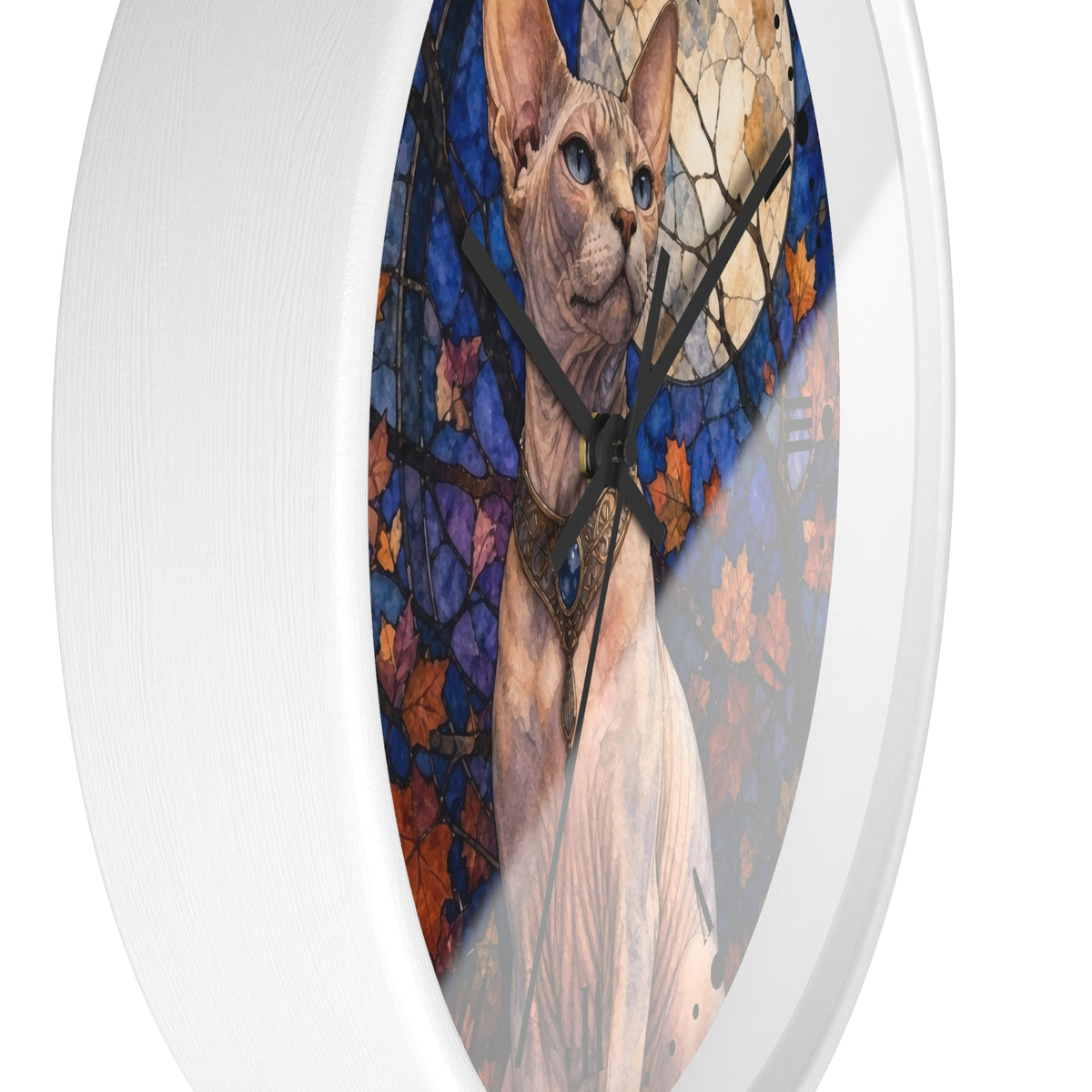 Round wall clock with a white frame and a stained-glass-style illustration of a hairless cat in blue, purple, orange, and cream tones.