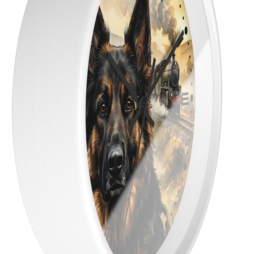 Round wall clock with a white frame and a printed design featuring a German Shepherd dog portrait over a vintage train scene, shown against a plain white background.