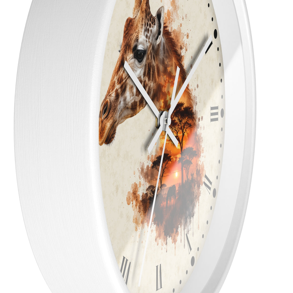 A white round wall clock with a giraffe and African savanna landscape watercolor design on the face, featuring Roman numerals and white hands.