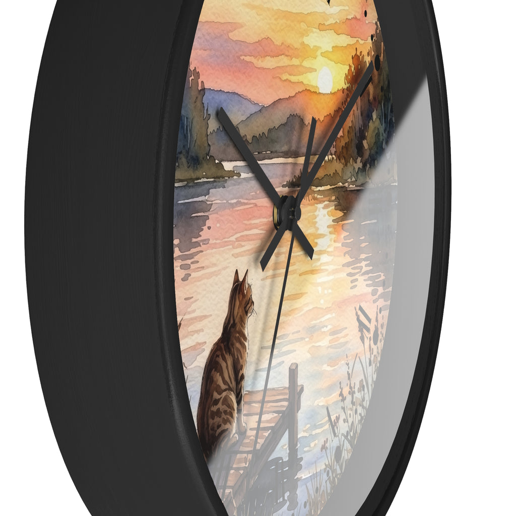Sunset Lake Tabby Cat Wall Clock — Cat Lover Gift