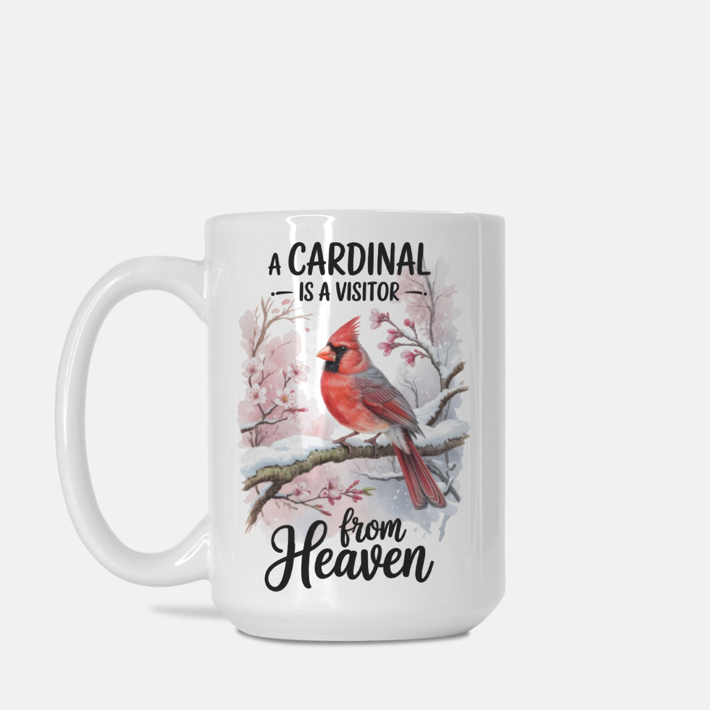 White mug with a red cardinal illustration and text on a white background