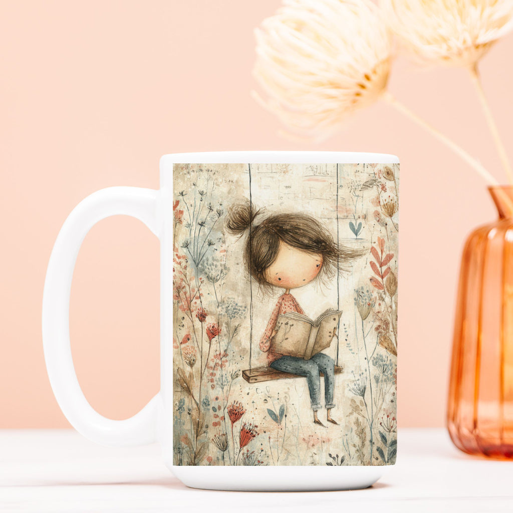 Mug with a design of a girl reading a book surrounded by flowers on a pink background