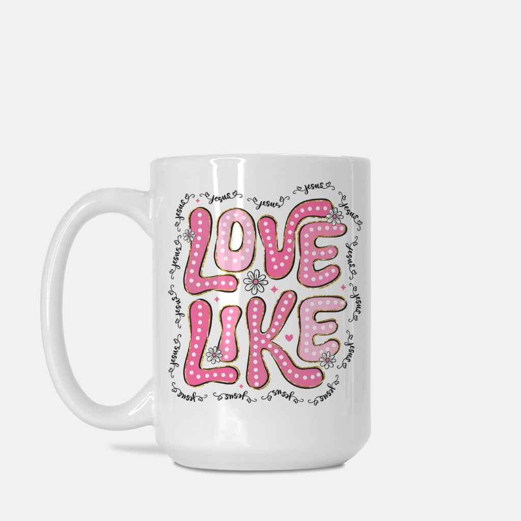 White mug with pink and black text design on a white background