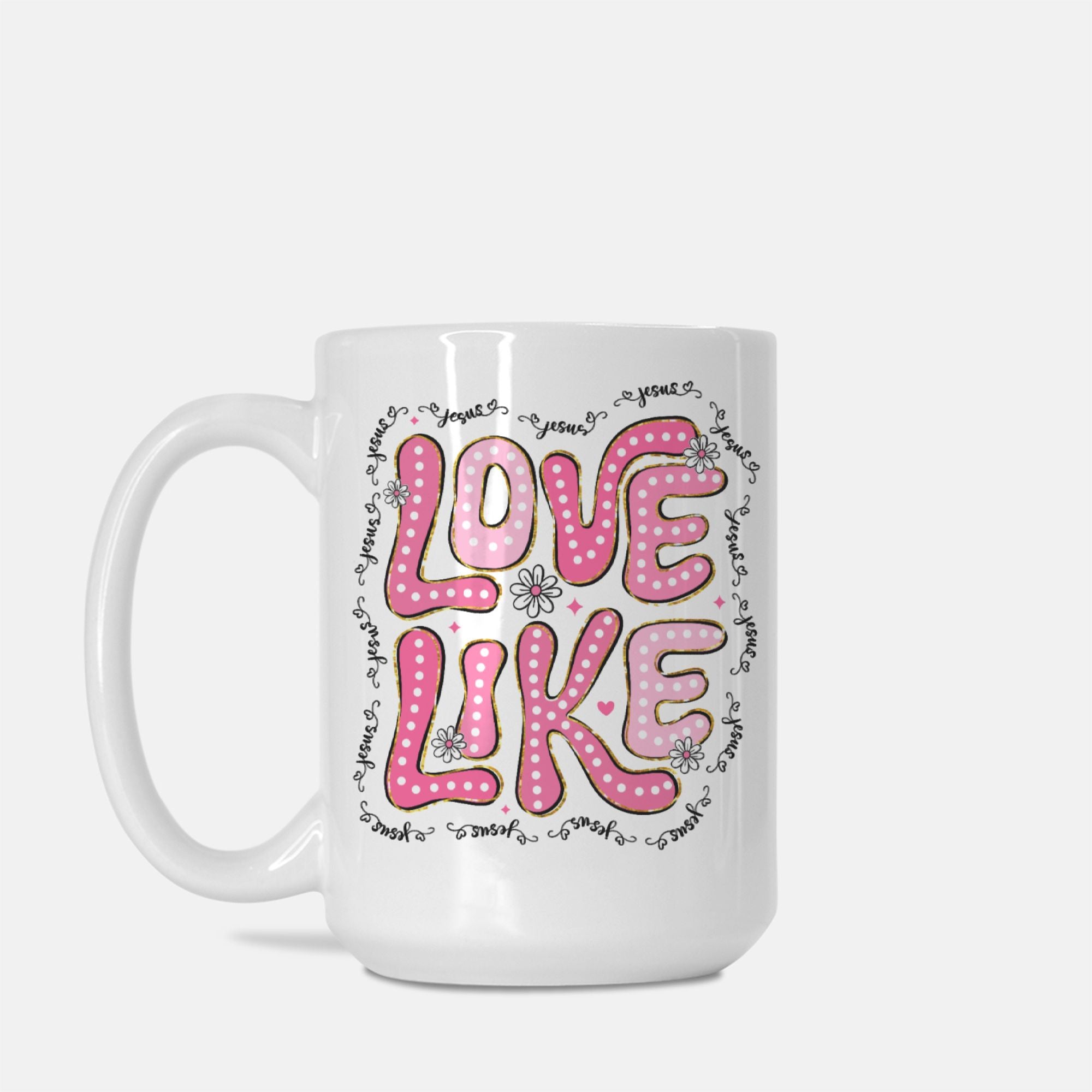 White mug with pink and black text design on a white background