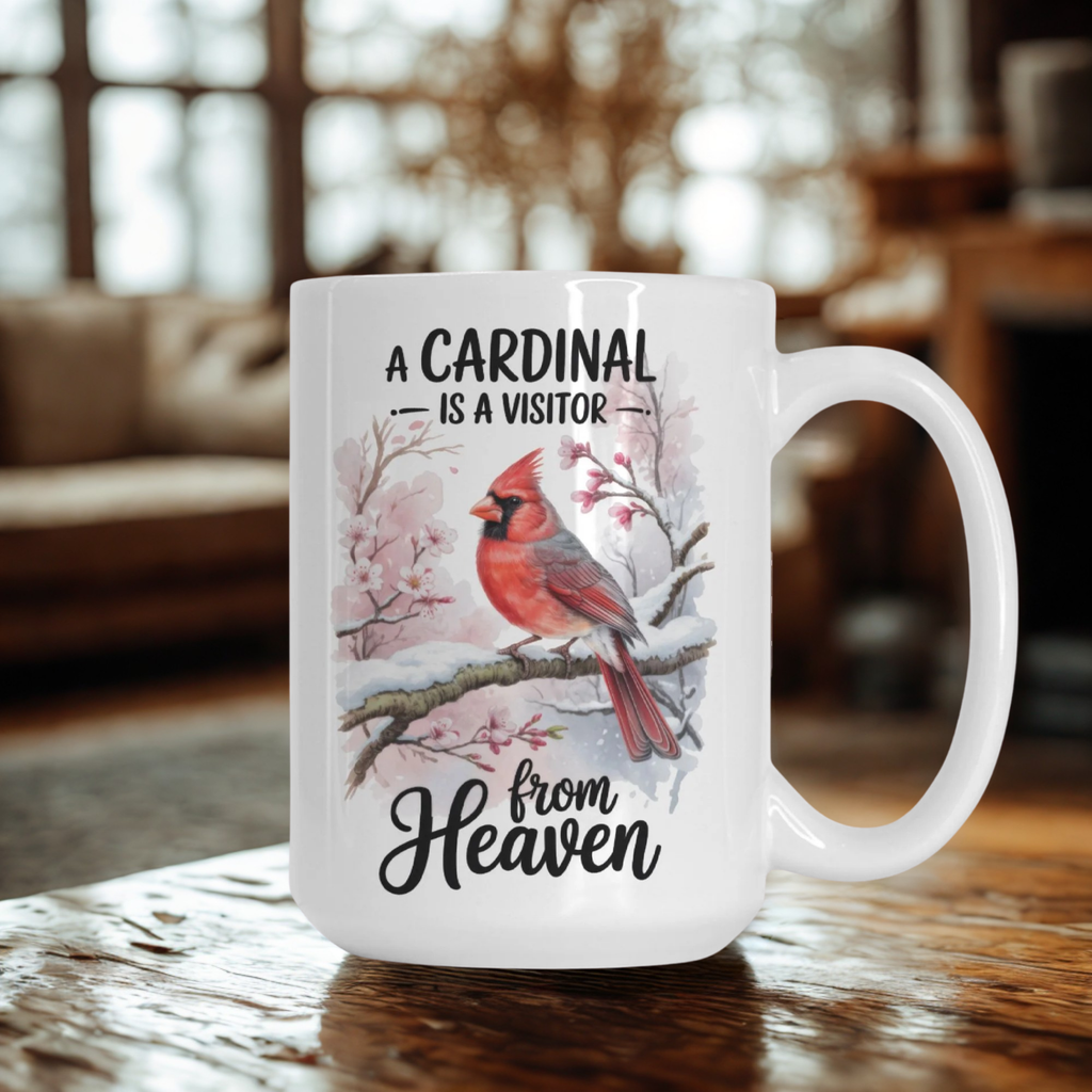 White mug with a cardinal design and text on a wooden table.
