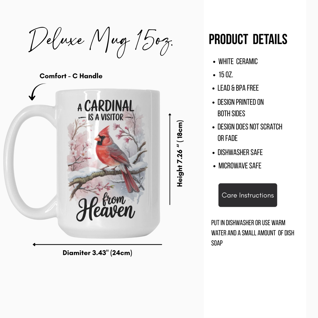 White ceramic mug with cardinal design and text, featuring product details on a white background.