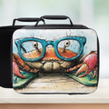  insulated lunch bag with a crab design wearing sunglasses and flip flops on a white background