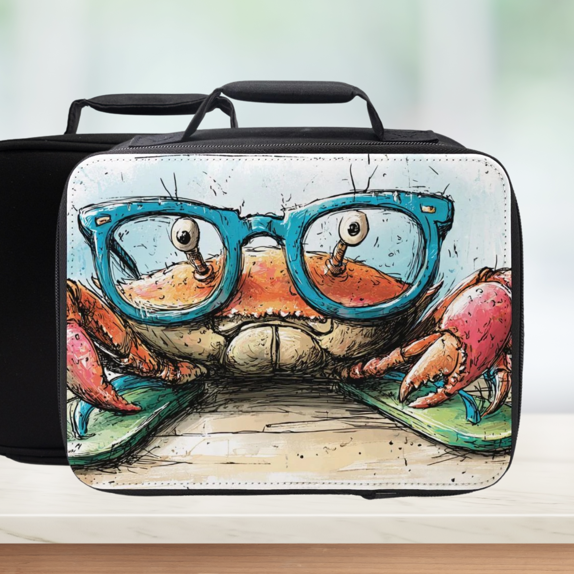 insulated lunch bag with a crab design wearing sunglasses and flip flops on a white background