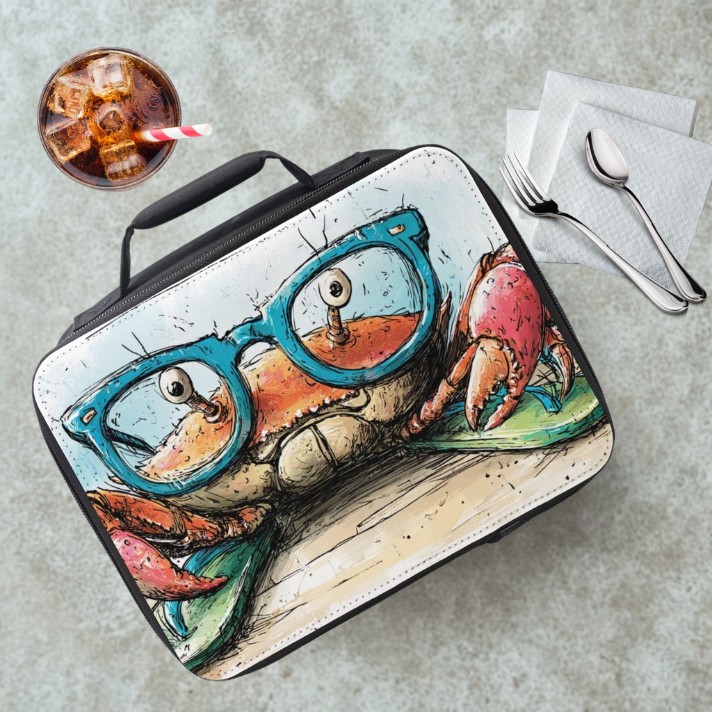  insulated lunch bag with crab design wearing glasses and flip flops on a cafeteria table with a drink and eating utensils. 