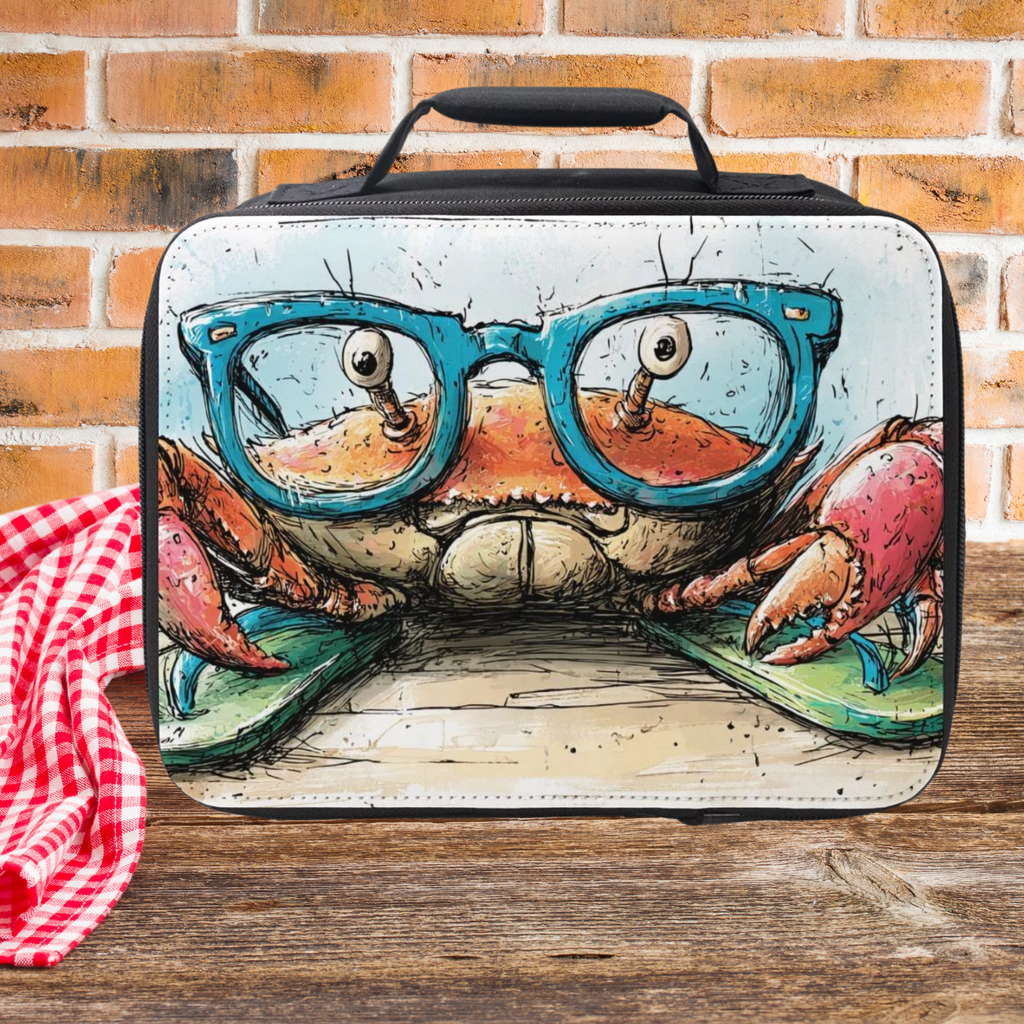 Lunch bag with a crab design wearing glasses and flip flops on a picnic table against a brick wall background