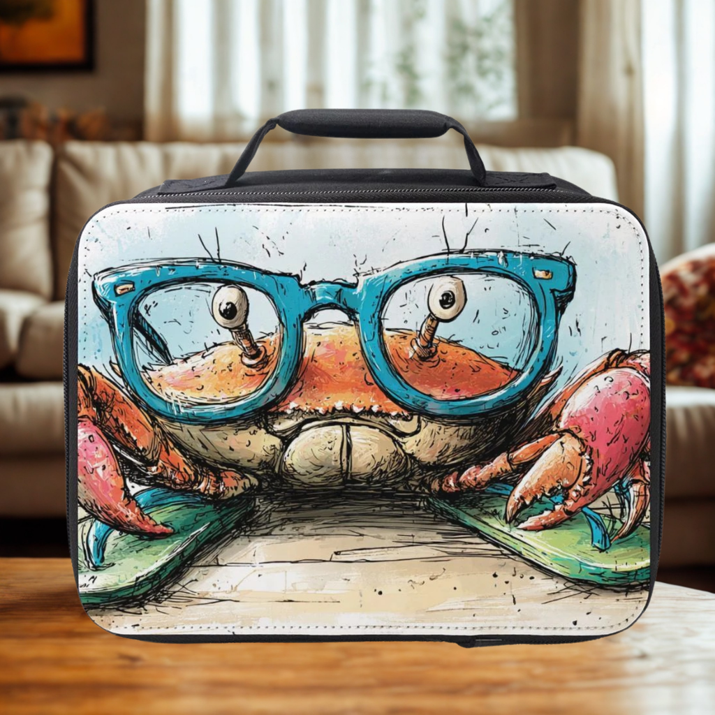  insulated lunch bag with a crab design wearing glasses and flip flops on a wooden table in a living room.