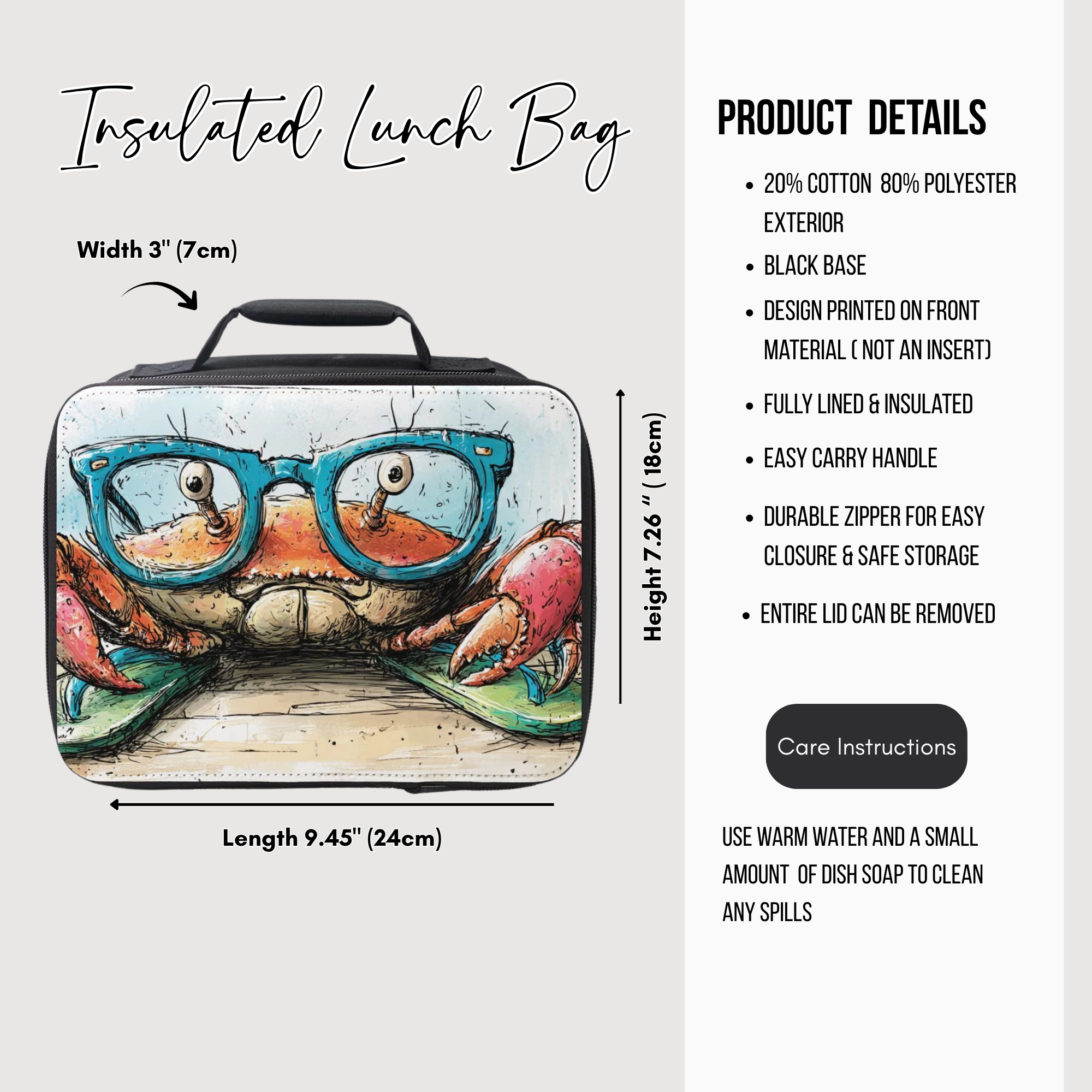 Insulated lunch bag with crab design and product details on a white background