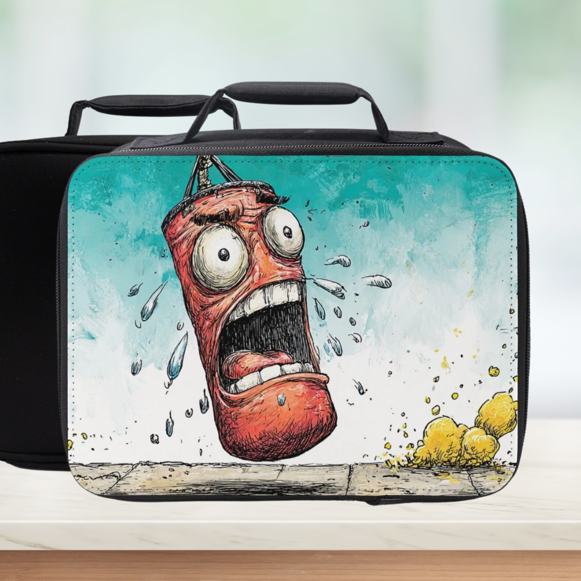  lunch bag with a cartoon gym punching bag design on a white background