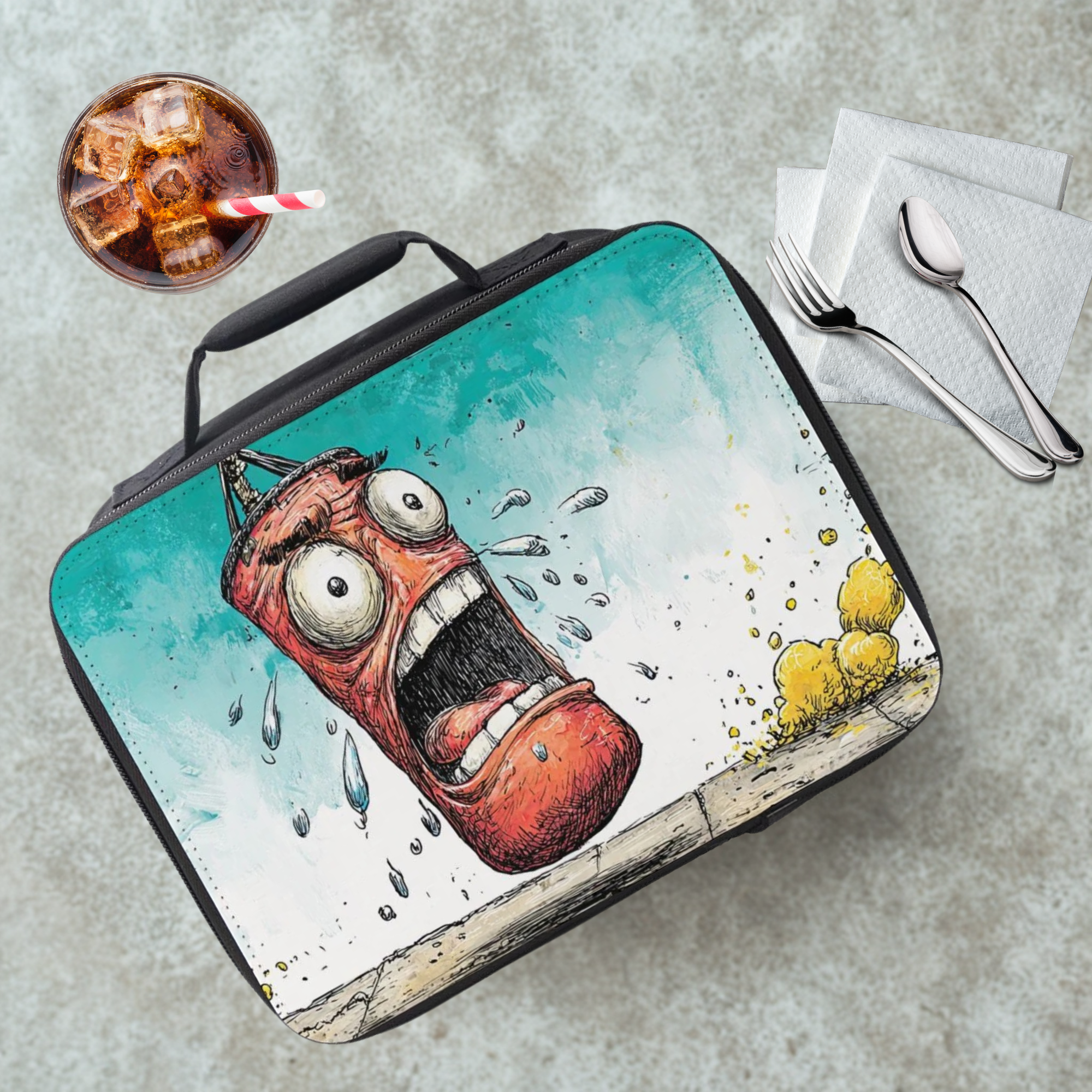 Lunch bag with a cartoon design of a character gym punching bag crying, placed on a cafeteria table with a drink and utensils in the background.