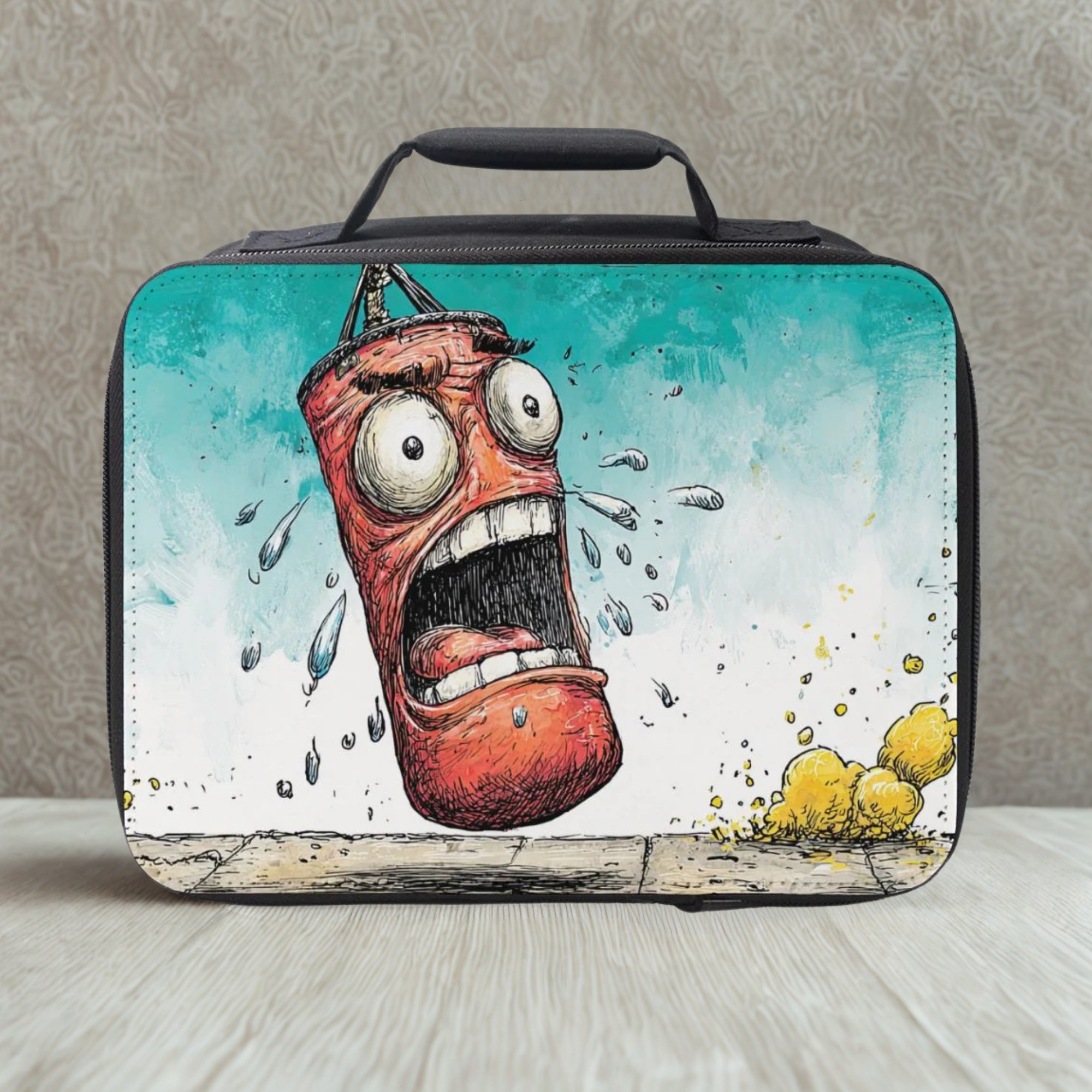  insulated lunch bag with a cartoon design of a red punching bag on a gray background