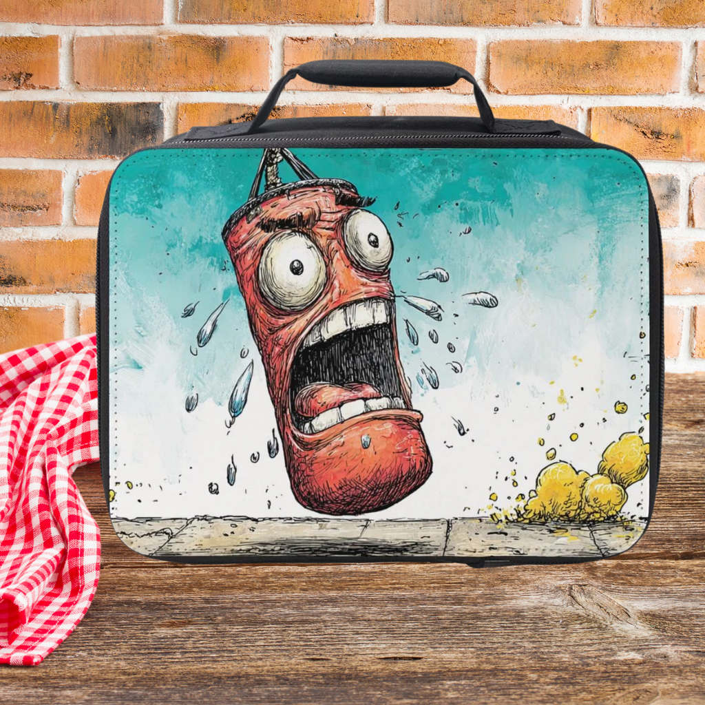  insulated lunch bag with a cartoon design of a red character gym punching bag crying on a wooden picnic table with a brick wall background