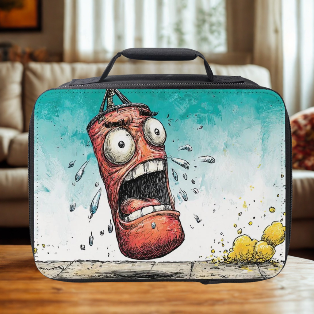Insulated lunch bag with a cartoon character gym punching bag design on a wooden table in a living room.