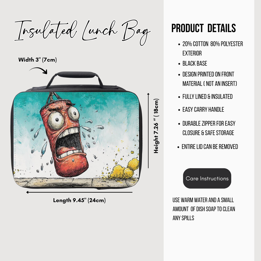 Insulated lunch bag with cartoon design and product details on a white background