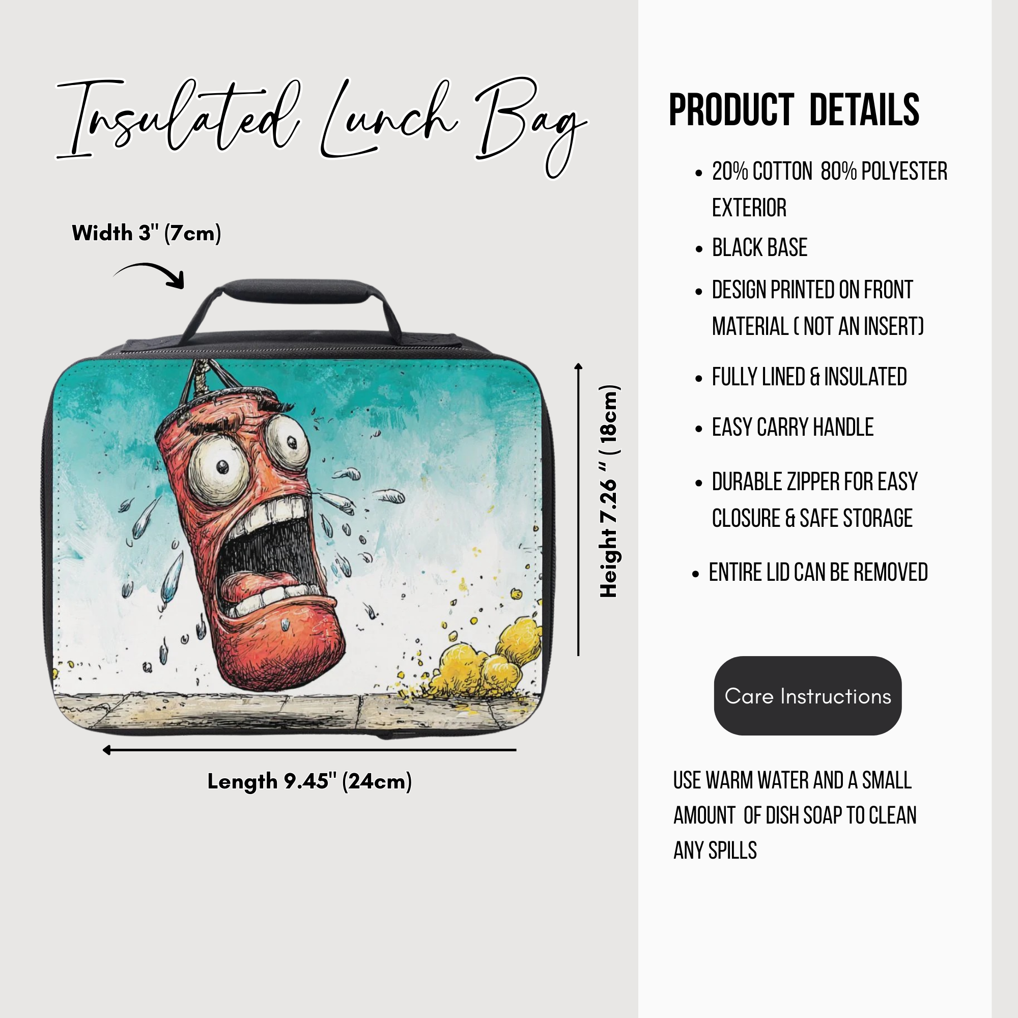 Insulated lunch bag with cartoon design and product details on a white background