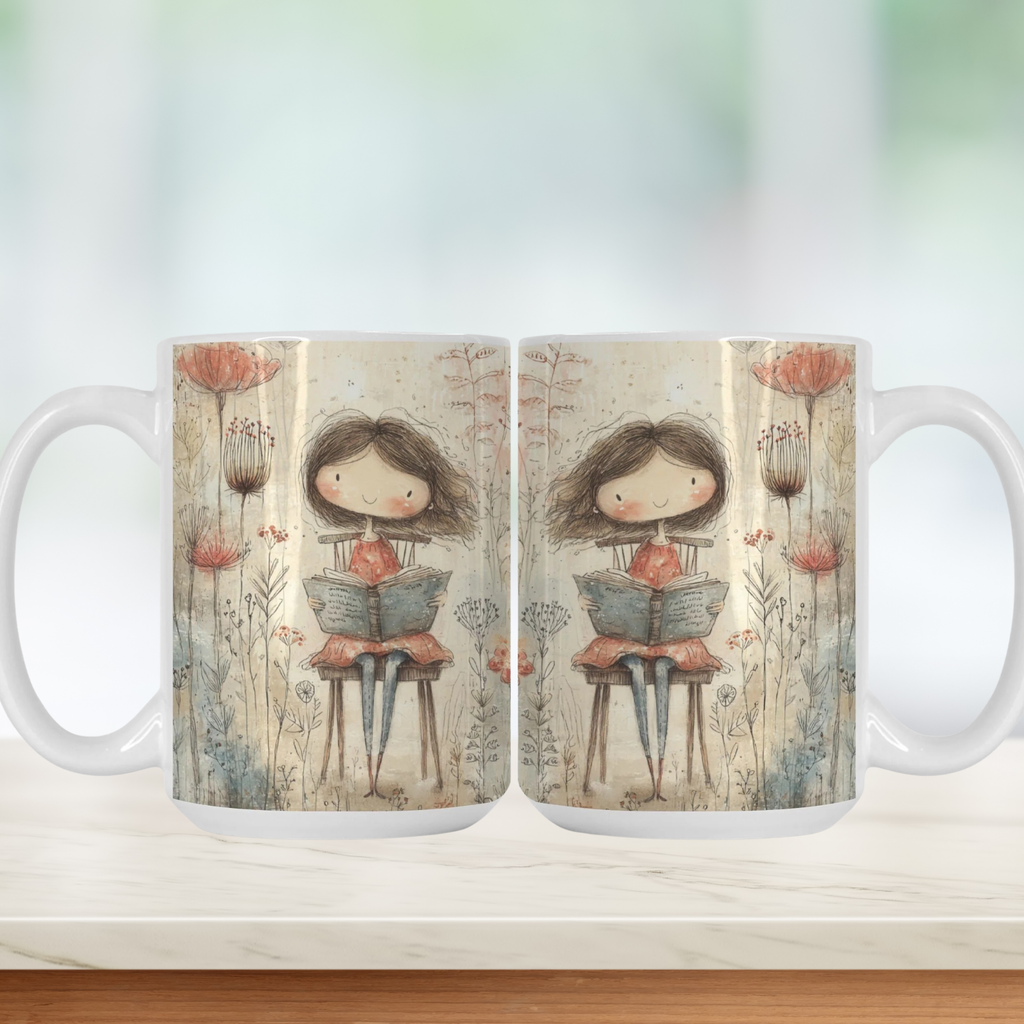 Two mugs with a design of a girl reading a book in a garden on a white surface.