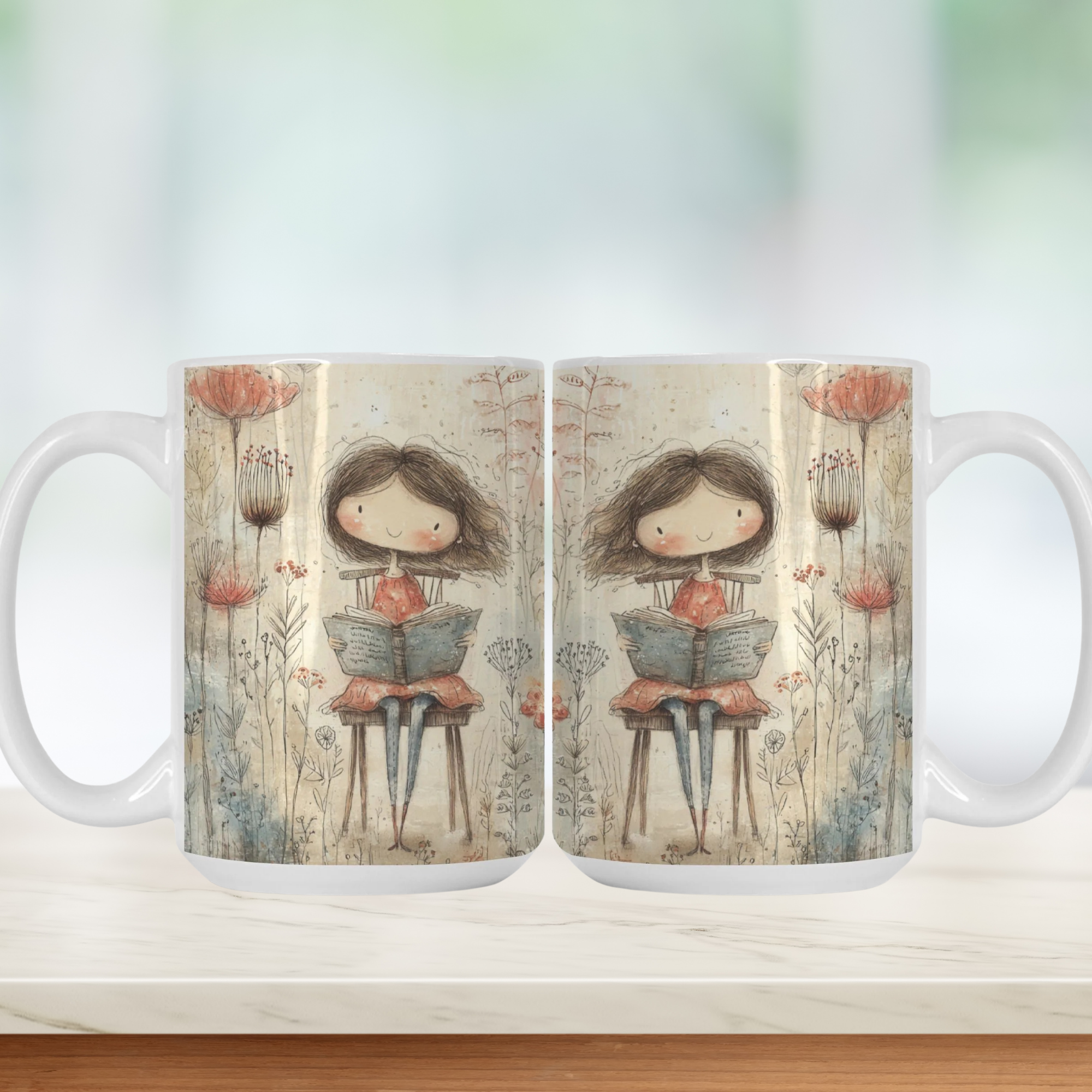 Two mugs with a design of a girl reading a book in a garden on a white surface.
