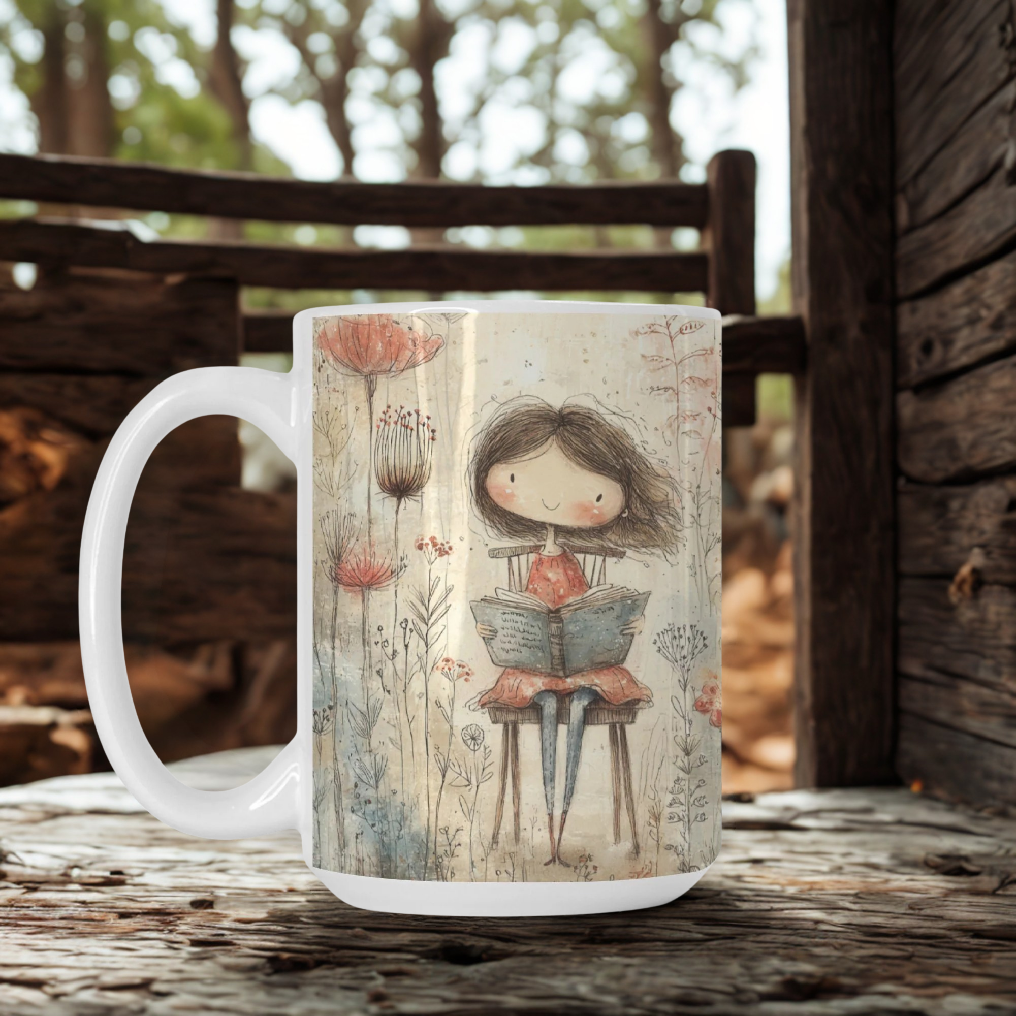 Mug with a design of a girl reading a book outdoors