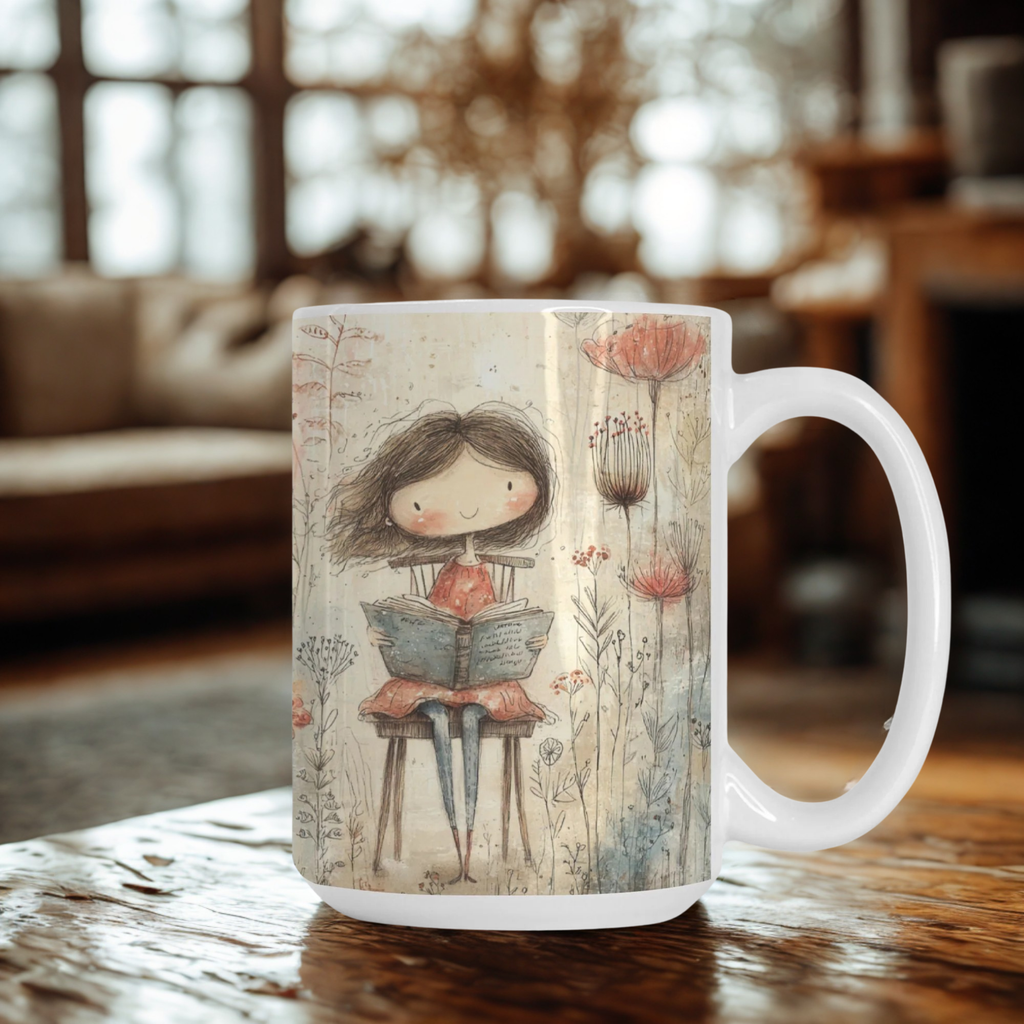 Mug with a design of a girl reading a book on a wooden table.