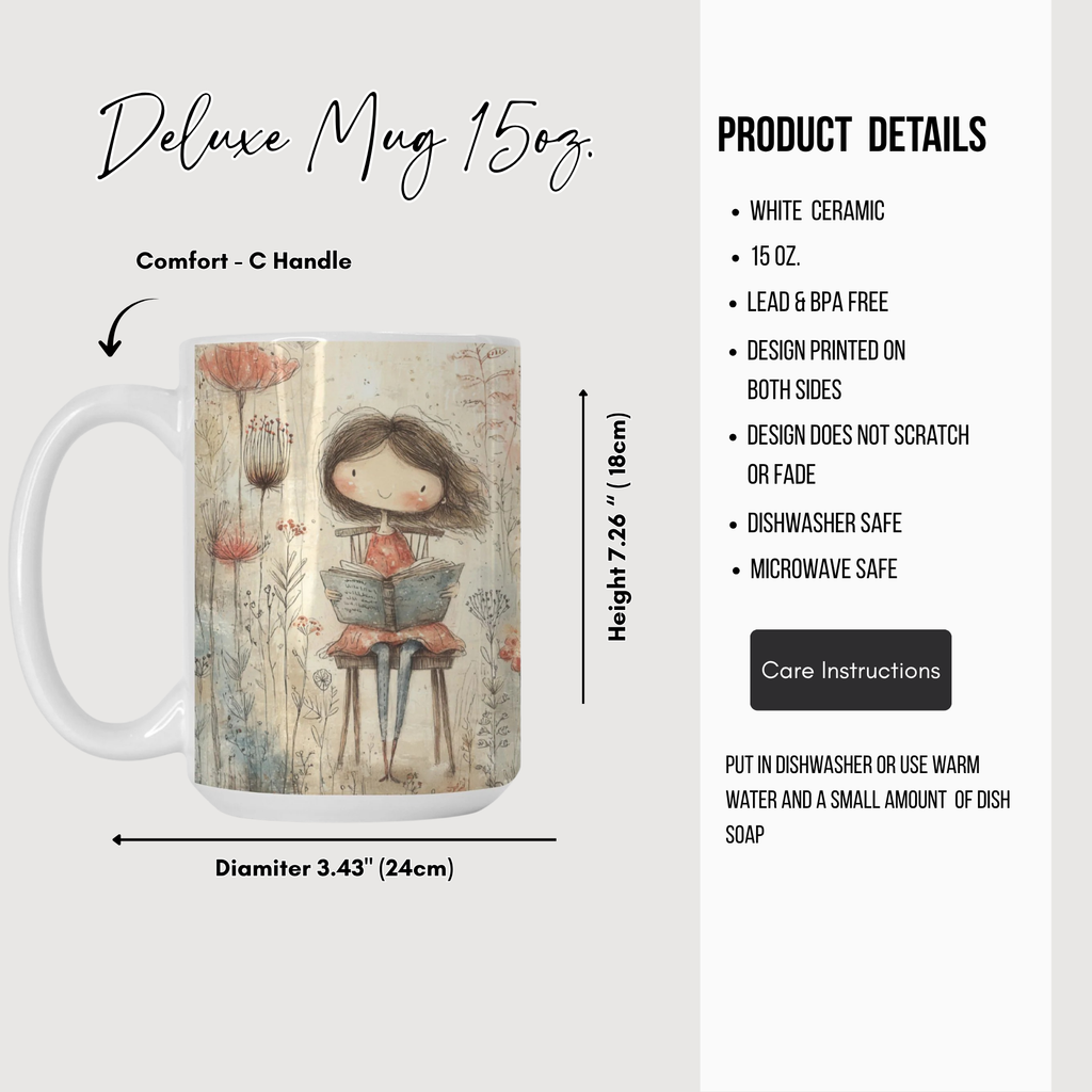 Deluxe mug with a design of a girl reading a book, featuring product details on a white background.