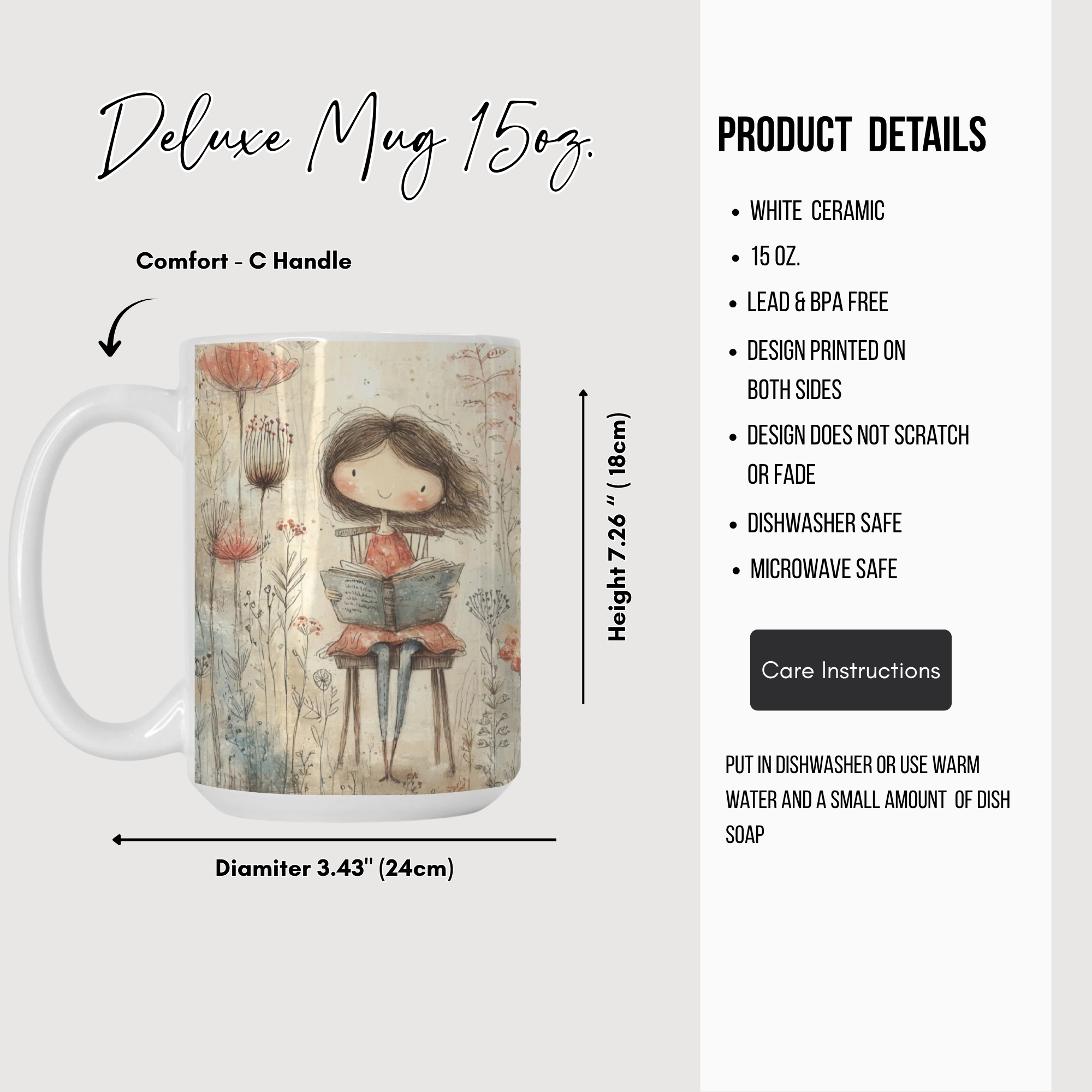 Deluxe mug with a design of a girl reading a book, featuring product details on a white background.