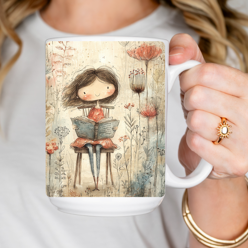 Person holding a mug with a design of a girl reading a book in a floral setting