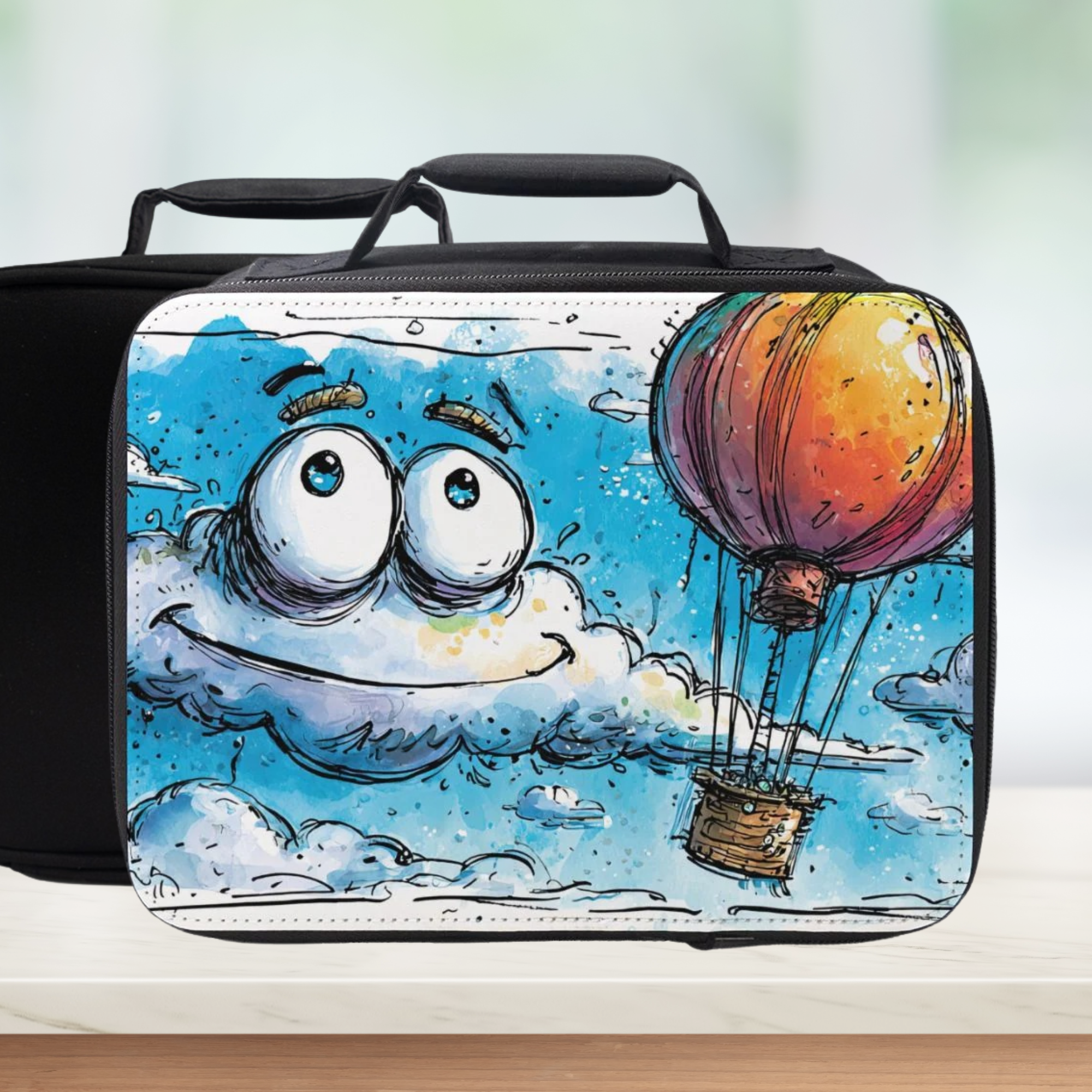 Black lunch bag with a cartoon design of a cloud and hot air balloon on a white background