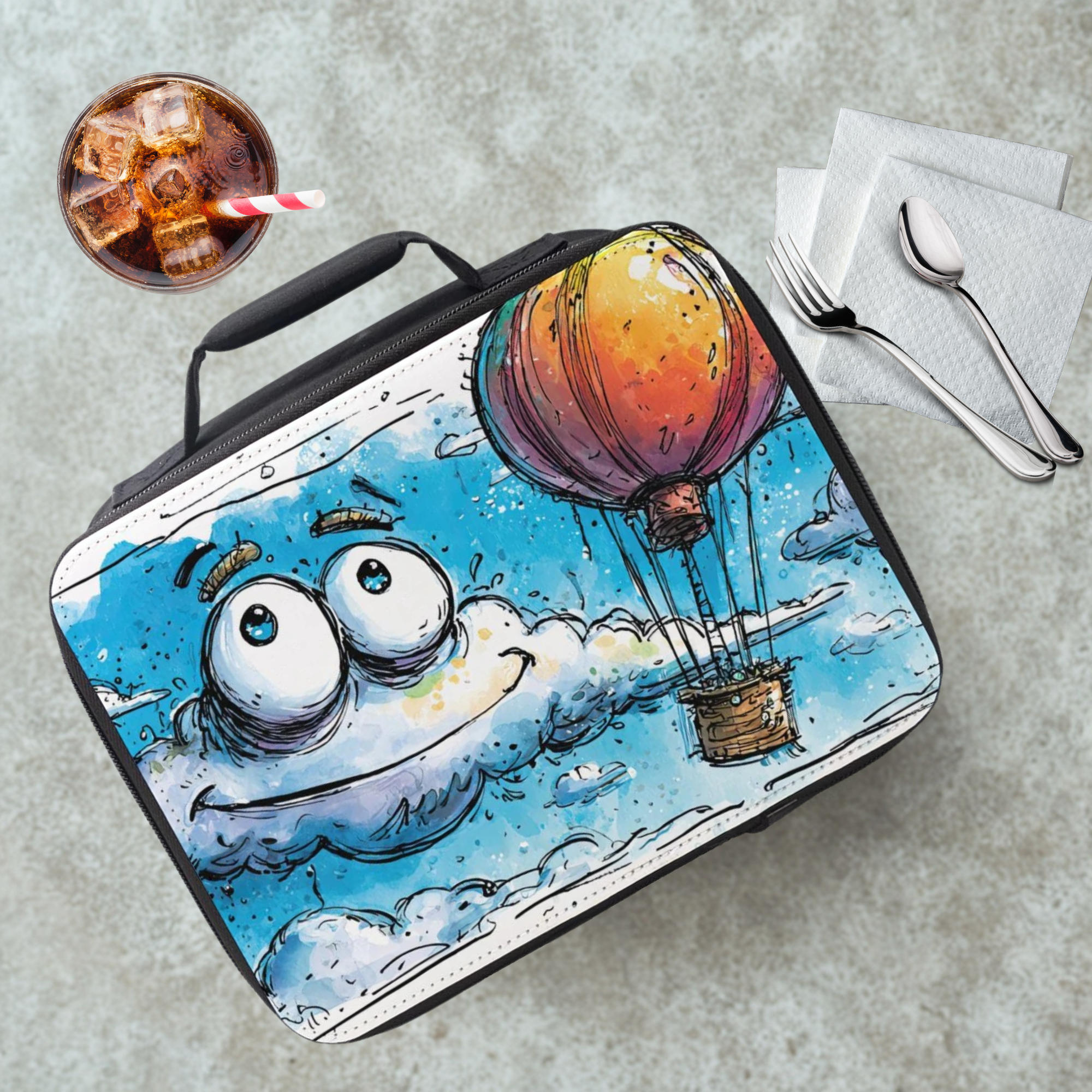 Lunch bag with cartoon design of a smiling cloud and hot air balloon on a cafeteria table with a drink and eating utensils.