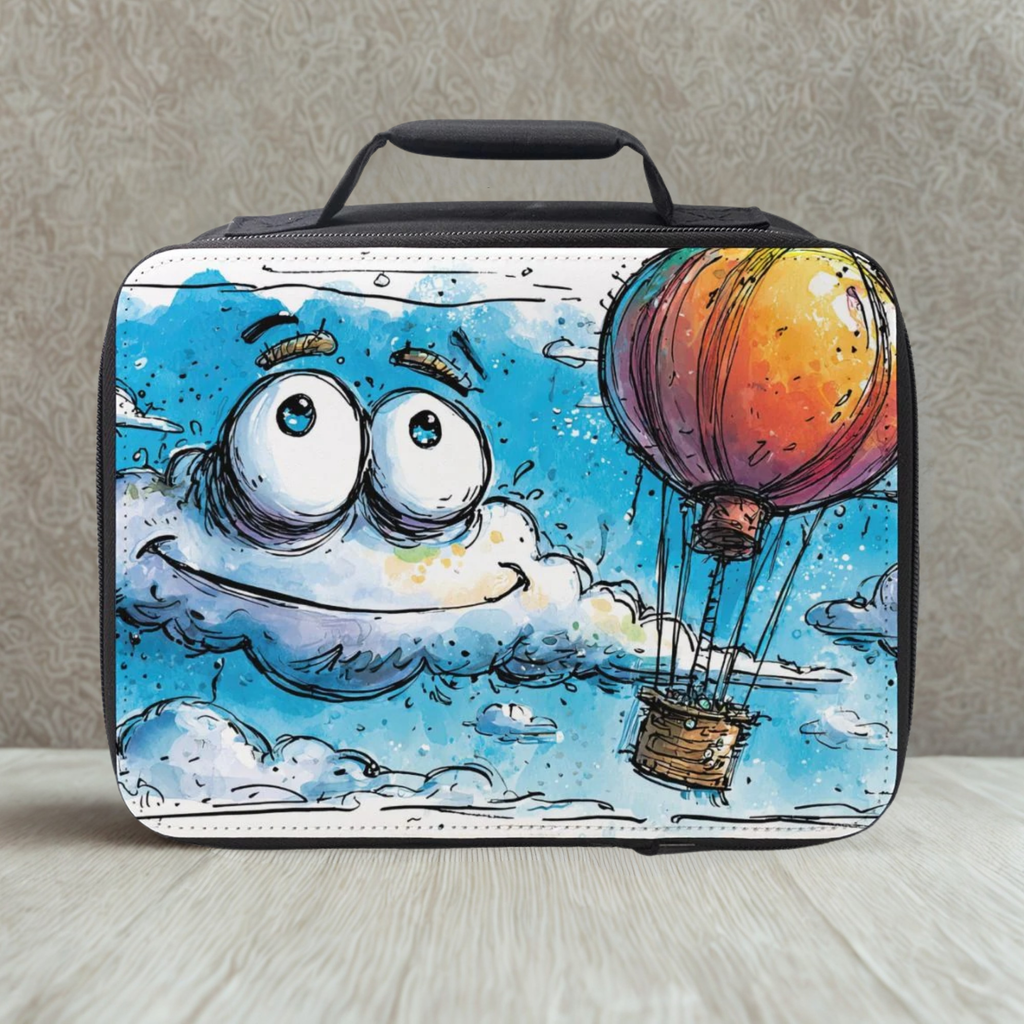  insulated lunch bag with cartoon design of a cloud and hot air balloon