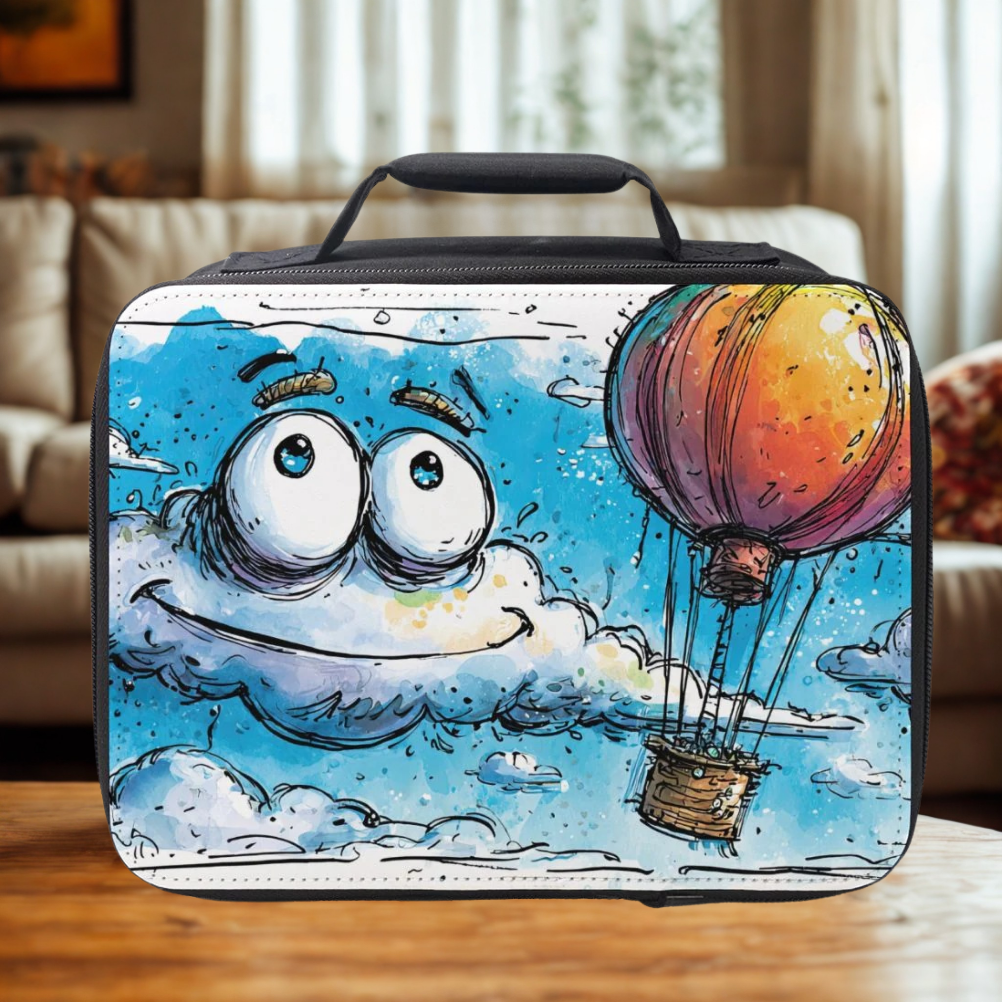 Insulated lunch bag with cartoon design of a smiling cloud and hot air balloon on a wooden table in a living room.