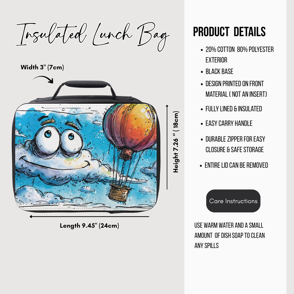 Insulated lunch bag with cartoon design and product details on a white background