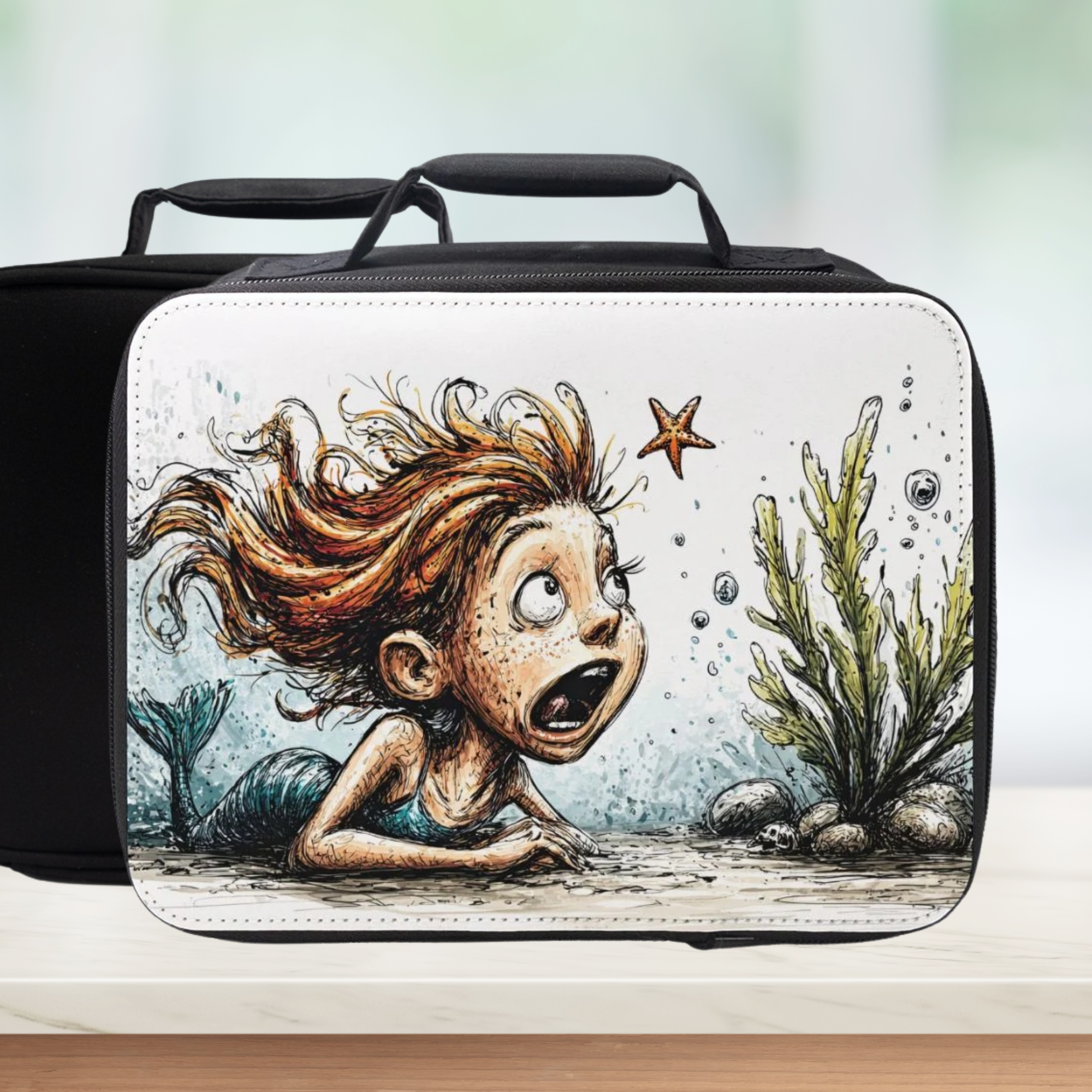 Lunch bag with a mermaid design on a white background