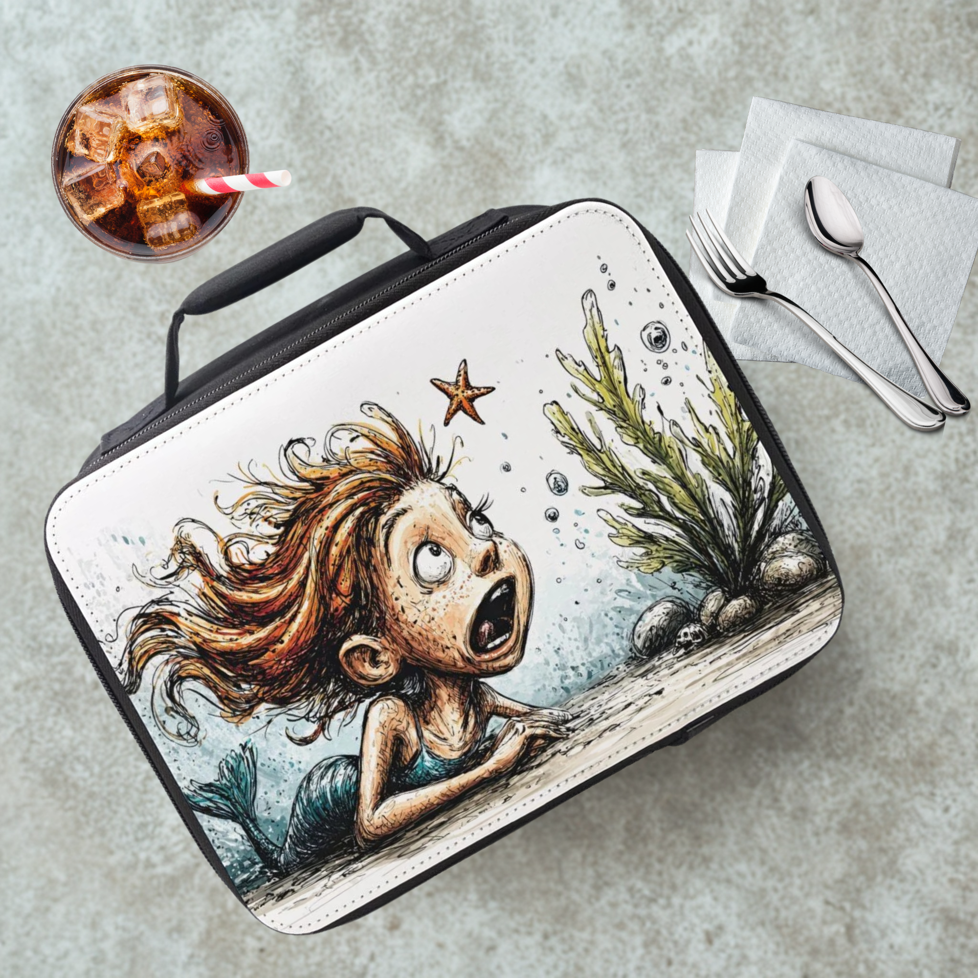 Lunch bag with mermaid design on a cafeteria table with a drink and utensils.