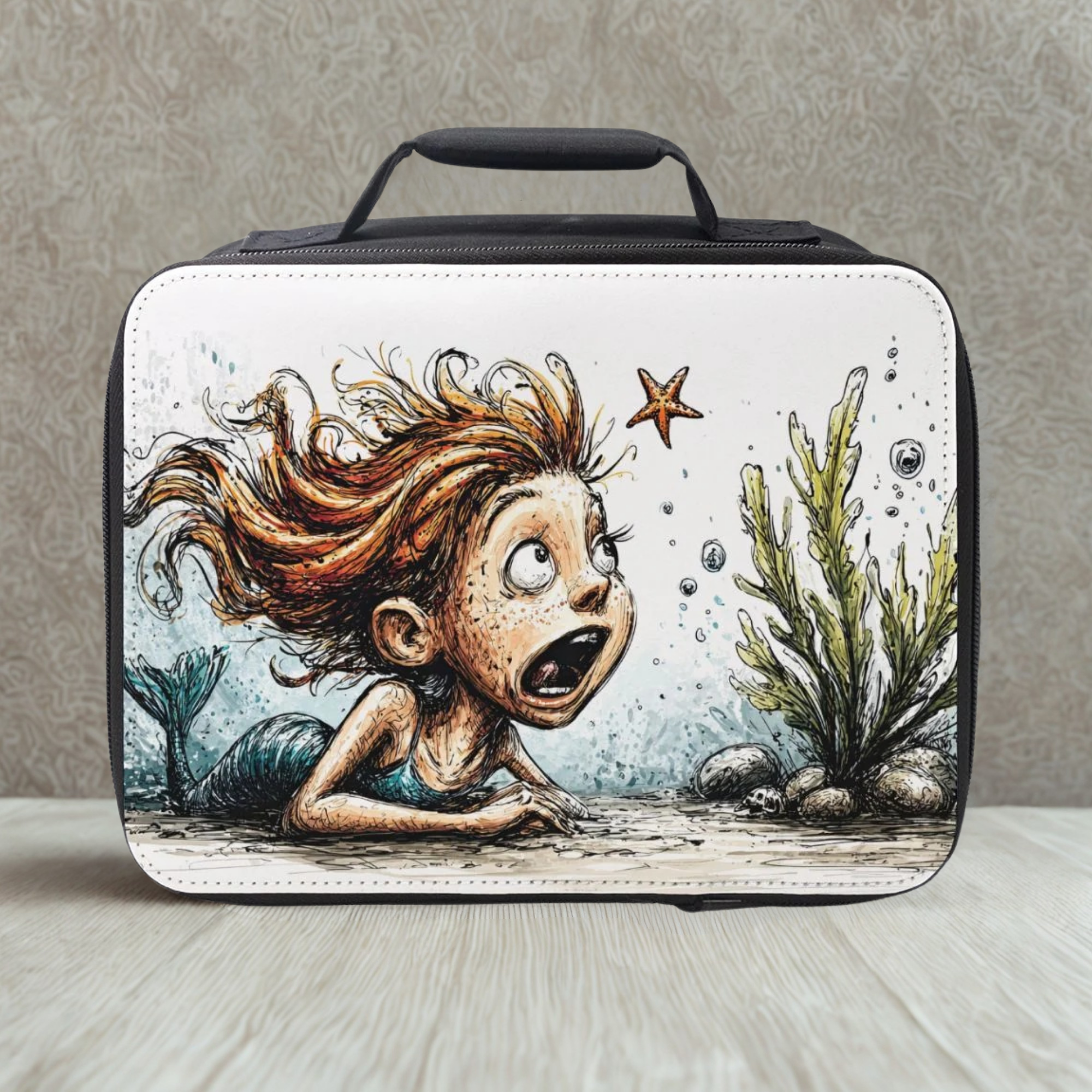 Lunch bag with a cartoon design of a mermaid with red hair and starfish on a beige background
